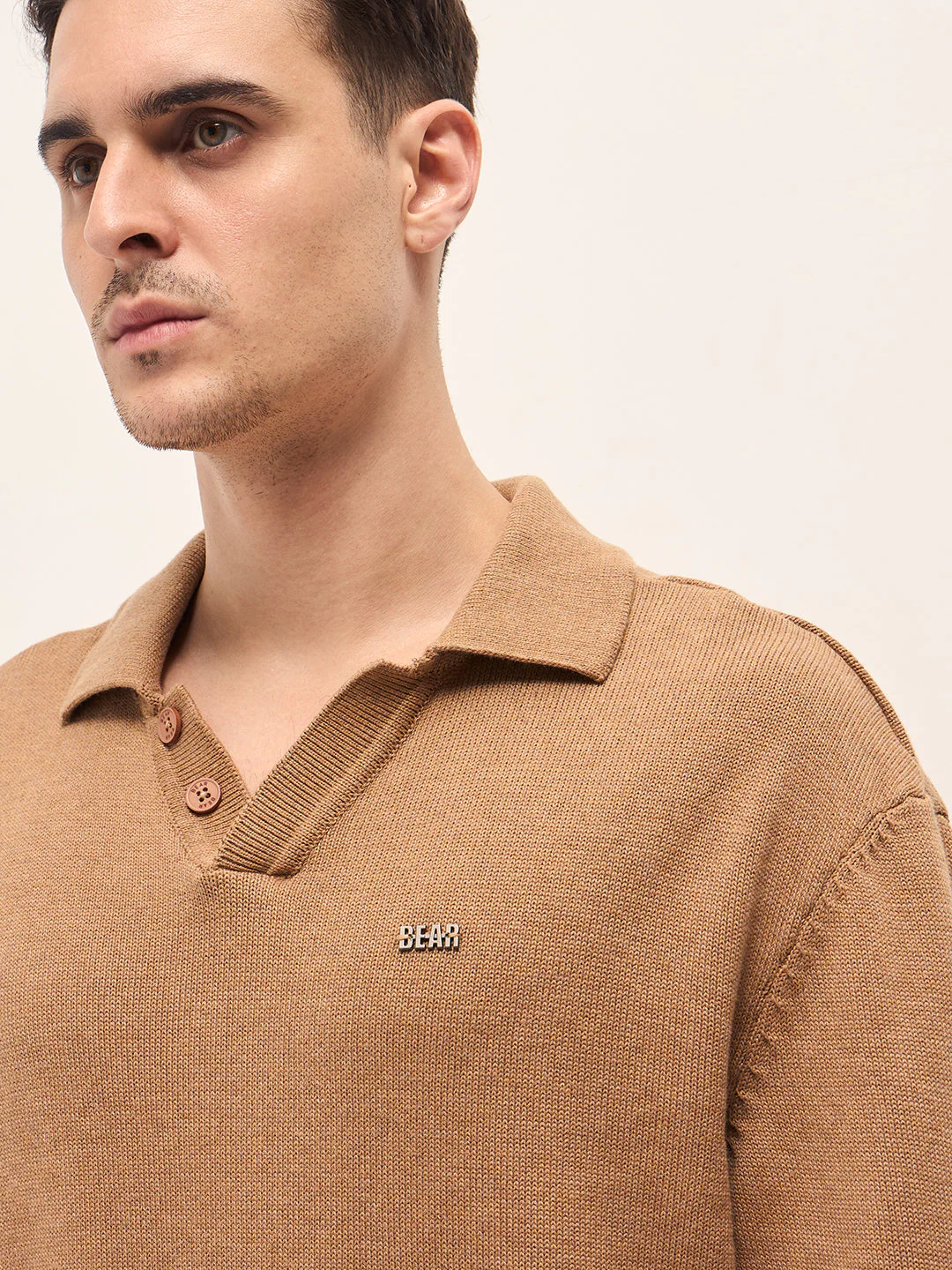 Men Beige Textured Knit Relaxed Fit Polo - Image 5