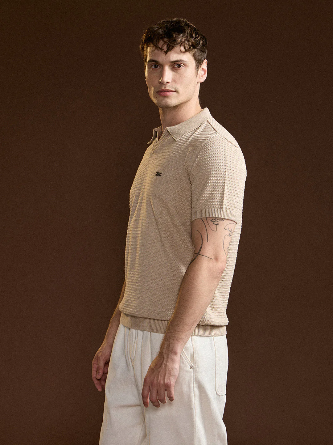 Men Beige Textured Slim Fit V-Notch Style Polo - Image 3
