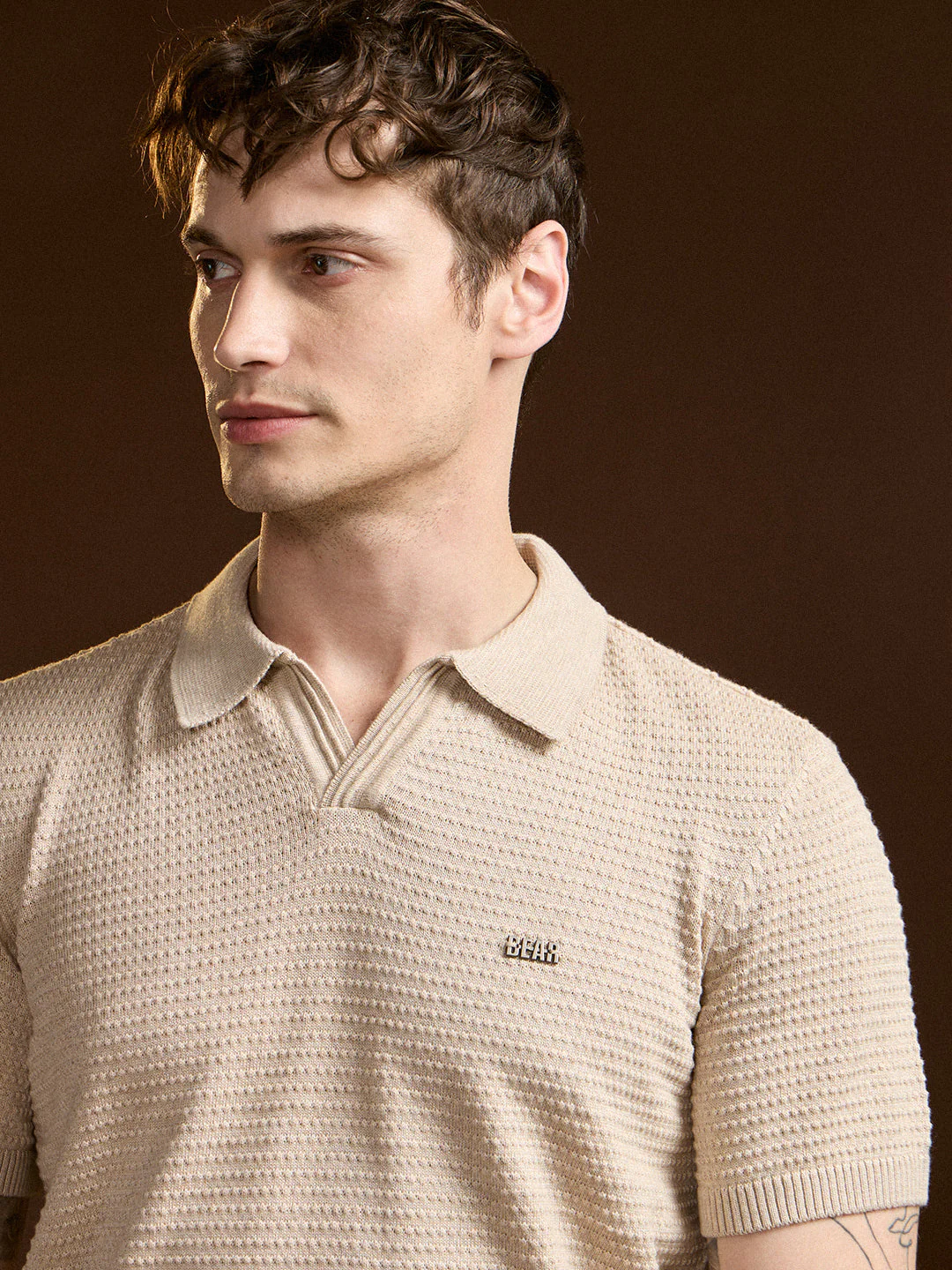 Men Beige Textured Slim Fit V-Notch Style Polo - Image 5