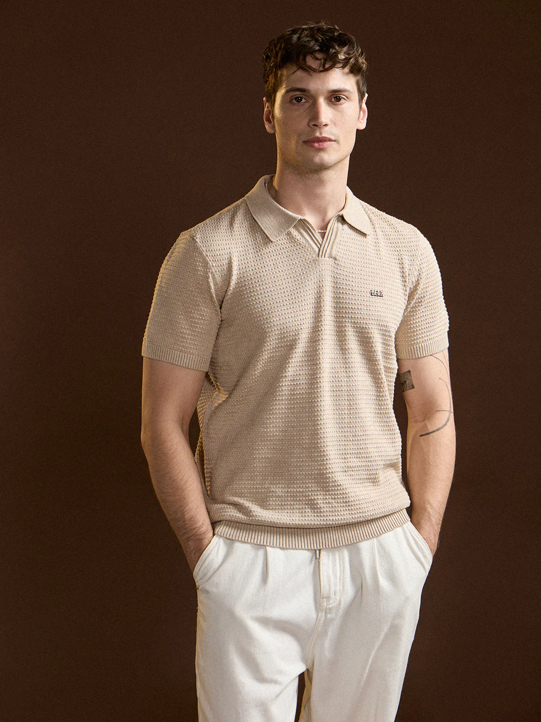 Men Beige Textured Slim Fit V-Notch Style Polo - Image 6