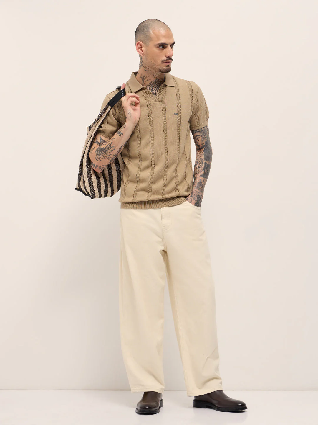 Men Beige Textured vertical knit stripes Slim Fit Polo - Image 4