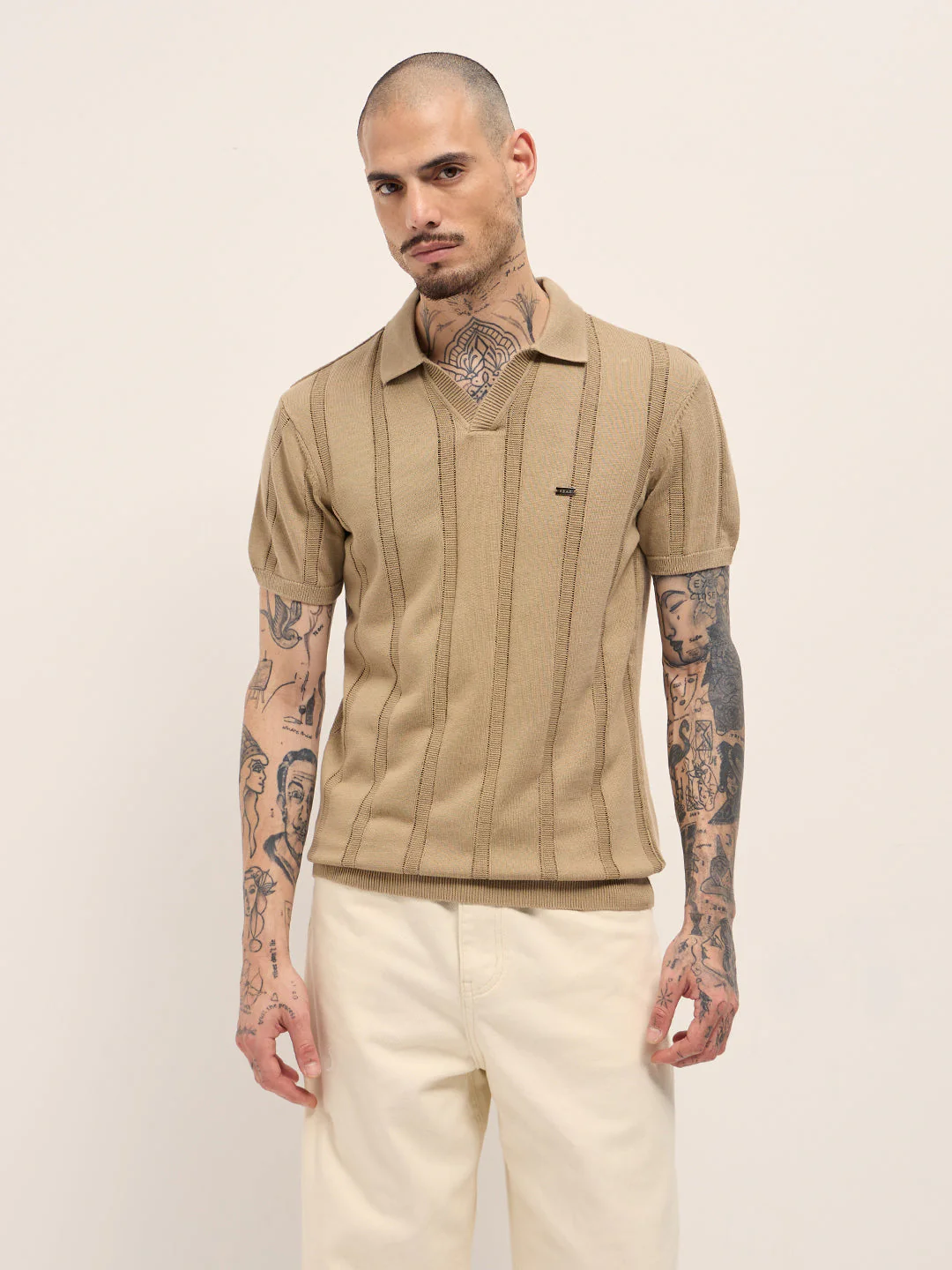 Men Beige Textured vertical knit stripes Slim Fit Polo - Image 6