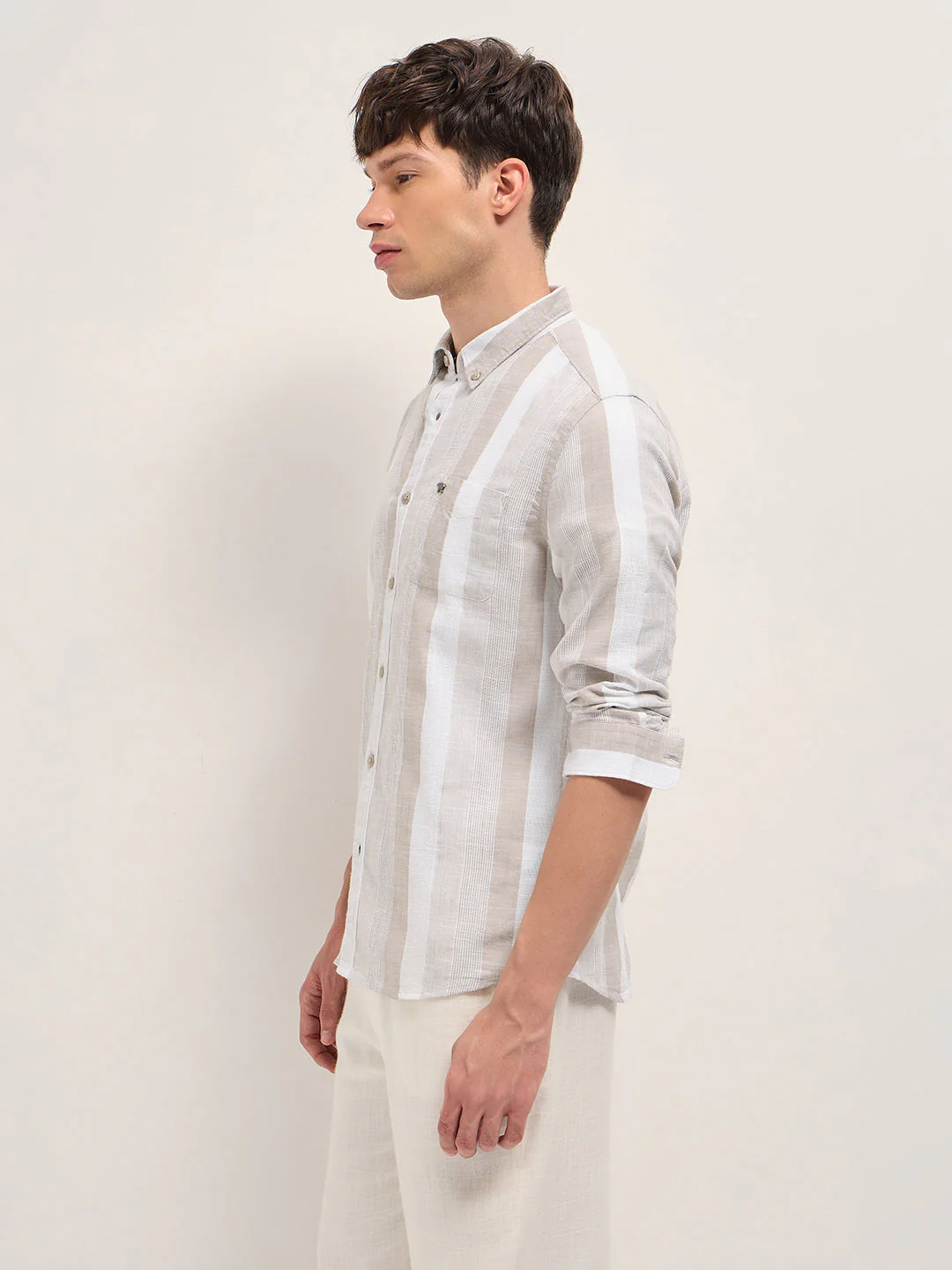 Men Beige Textured Woven Stripe Slim Fit Cotton Casual Shirt - Image 3