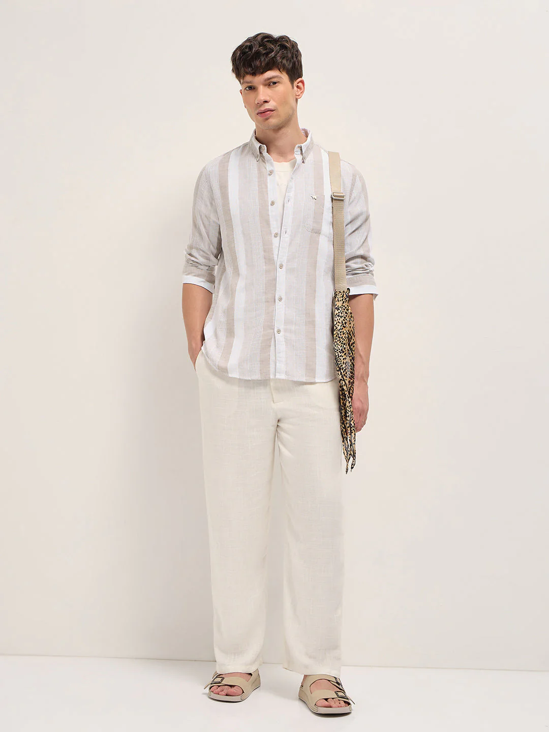 Men Beige Textured Woven Stripe Slim Fit Cotton Casual Shirt - Image 4