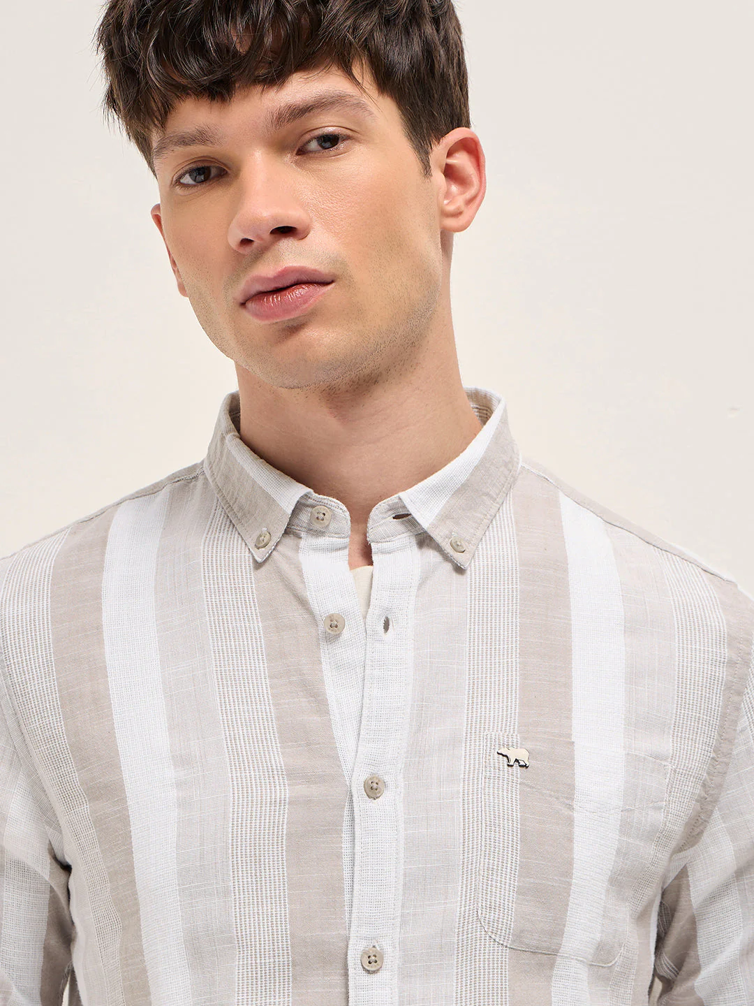 Men Beige Textured Woven Stripe Slim Fit Cotton Casual Shirt - Image 5