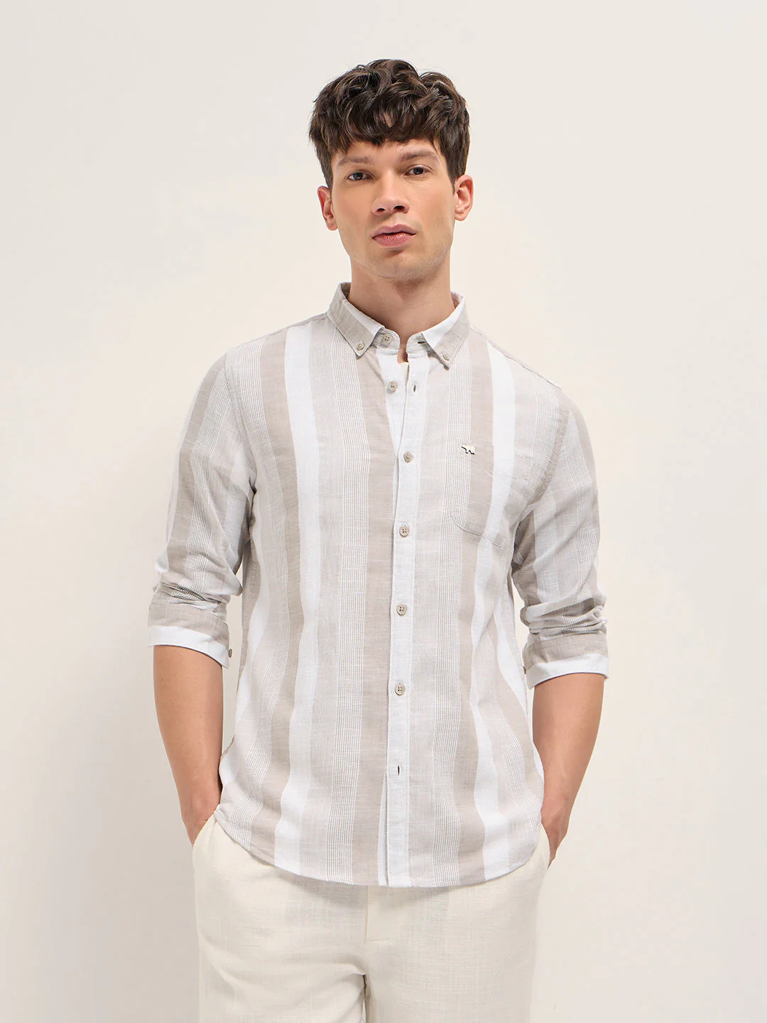 Men Beige Textured Woven Stripe Slim Fit Cotton Casual Shirt - Image 6