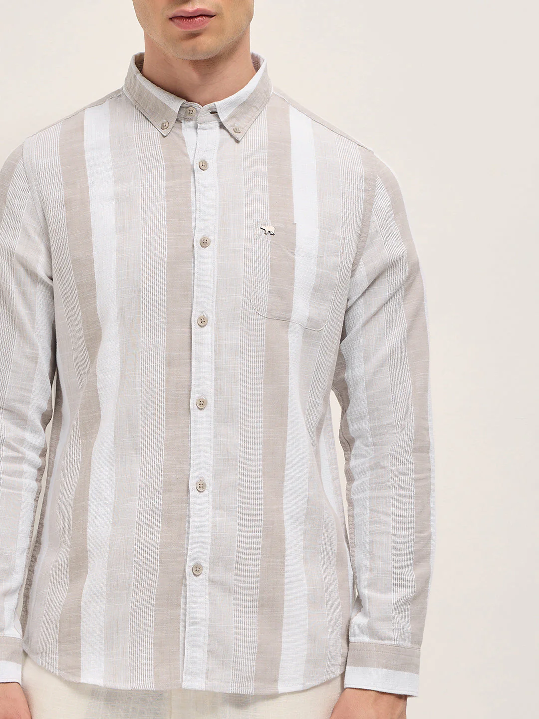Men Beige Textured Woven Stripe Slim Fit Cotton Casual Shirt - Image 7