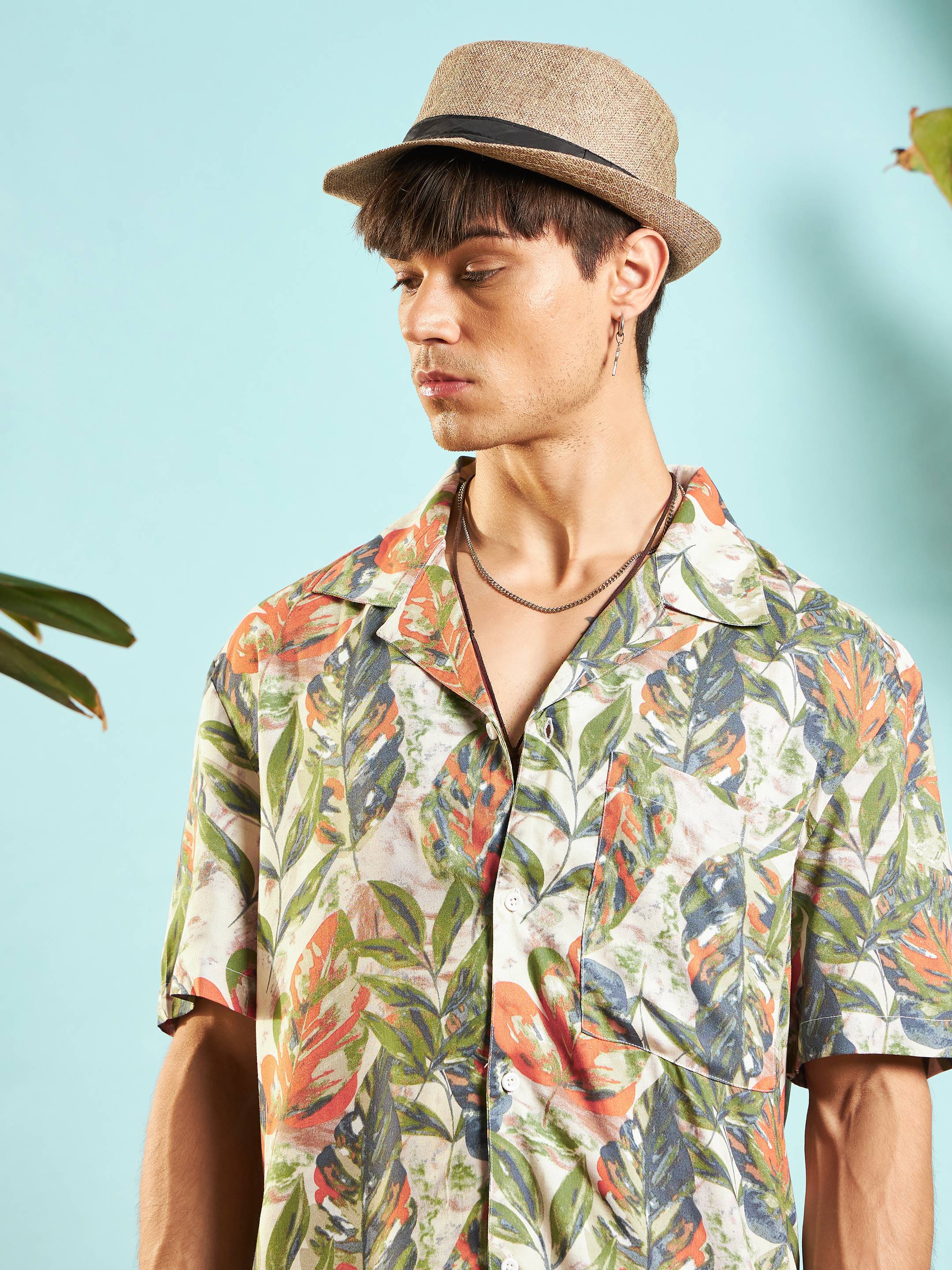 Men Beige Tropical Printed Relax Fit Shirt - Image 3