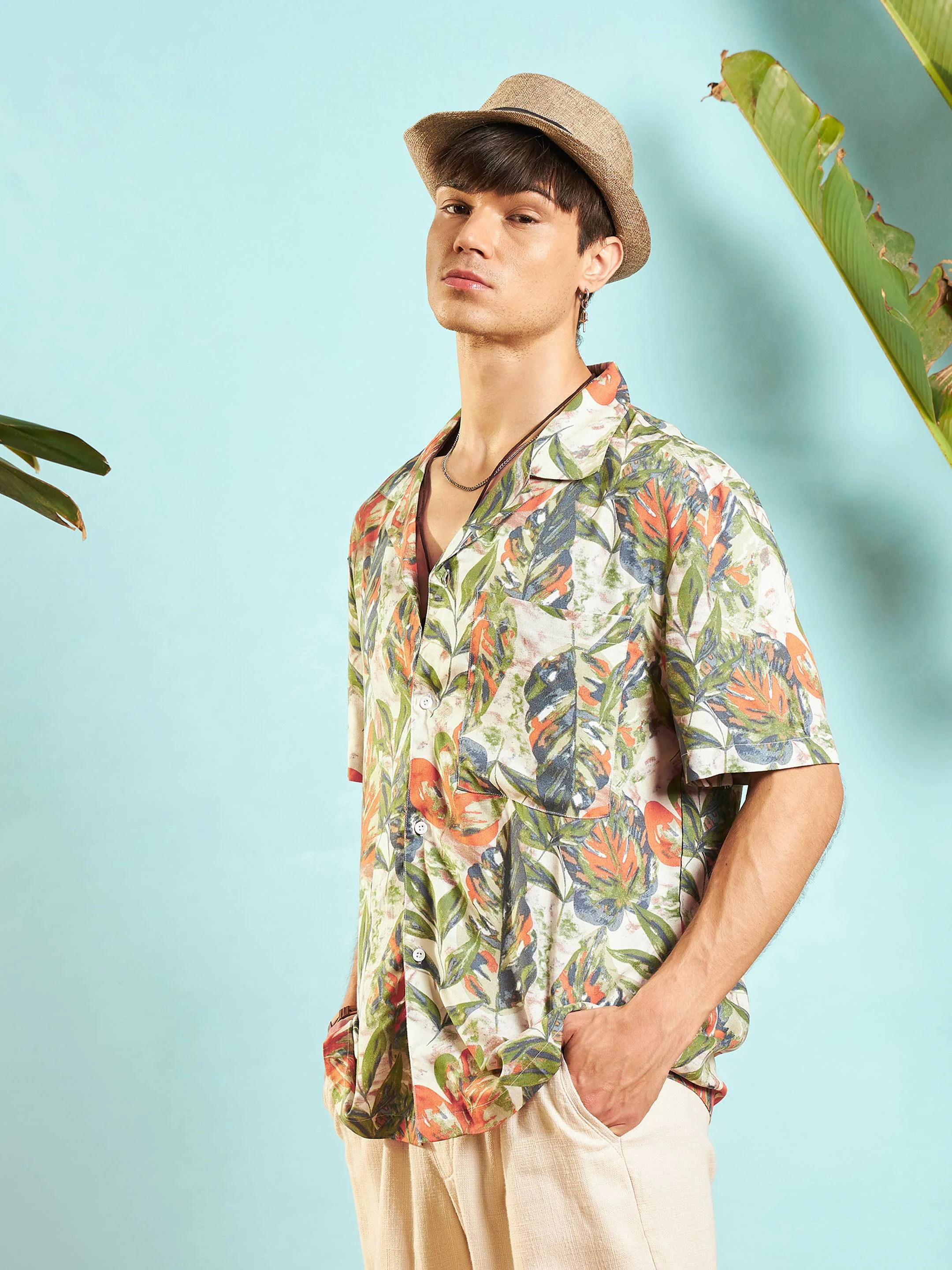 Men Beige Tropical Printed Relax Fit Shirt - Image 4