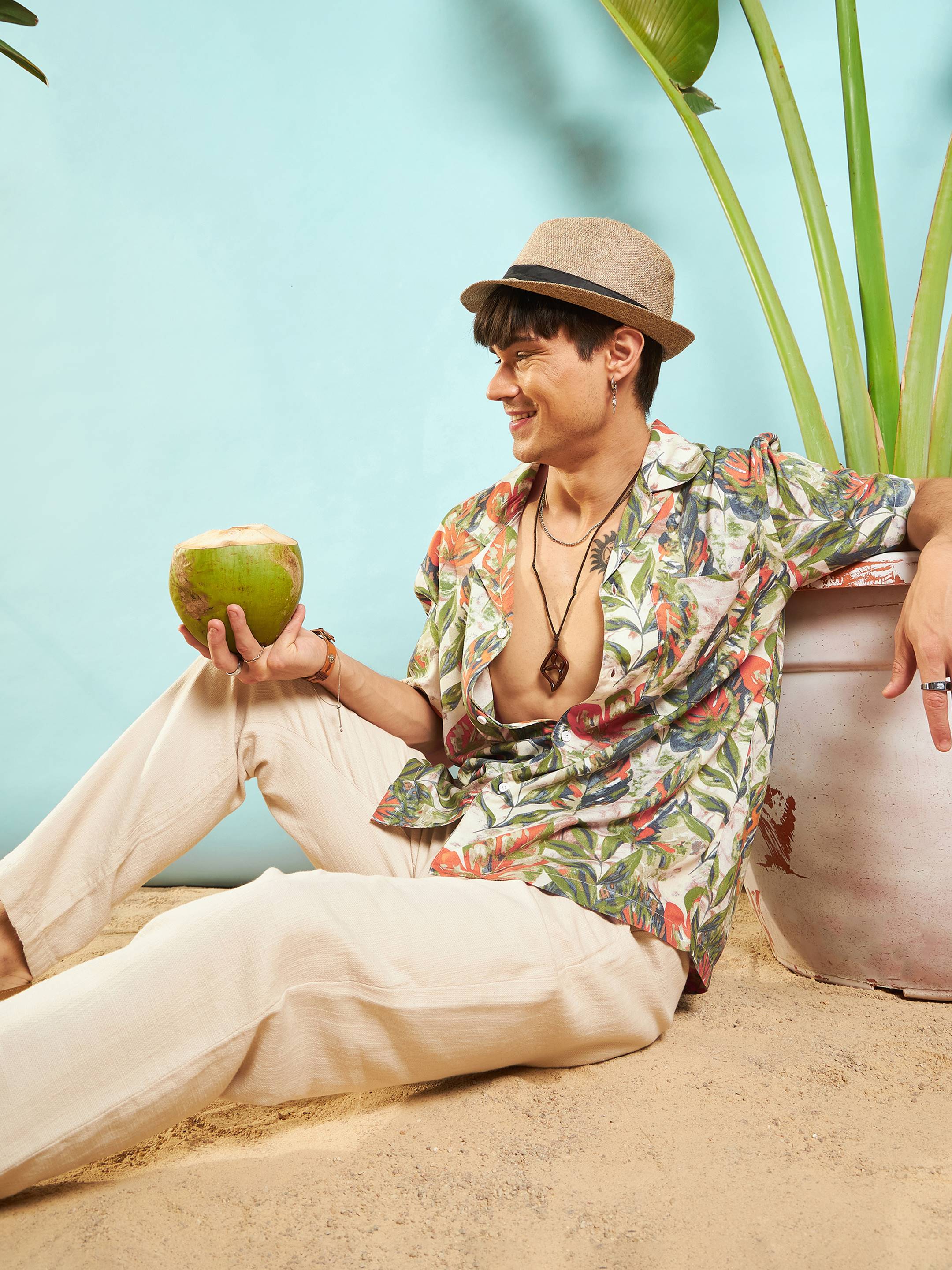 Men Beige Tropical Printed Relax Fit Shirt - Image 5