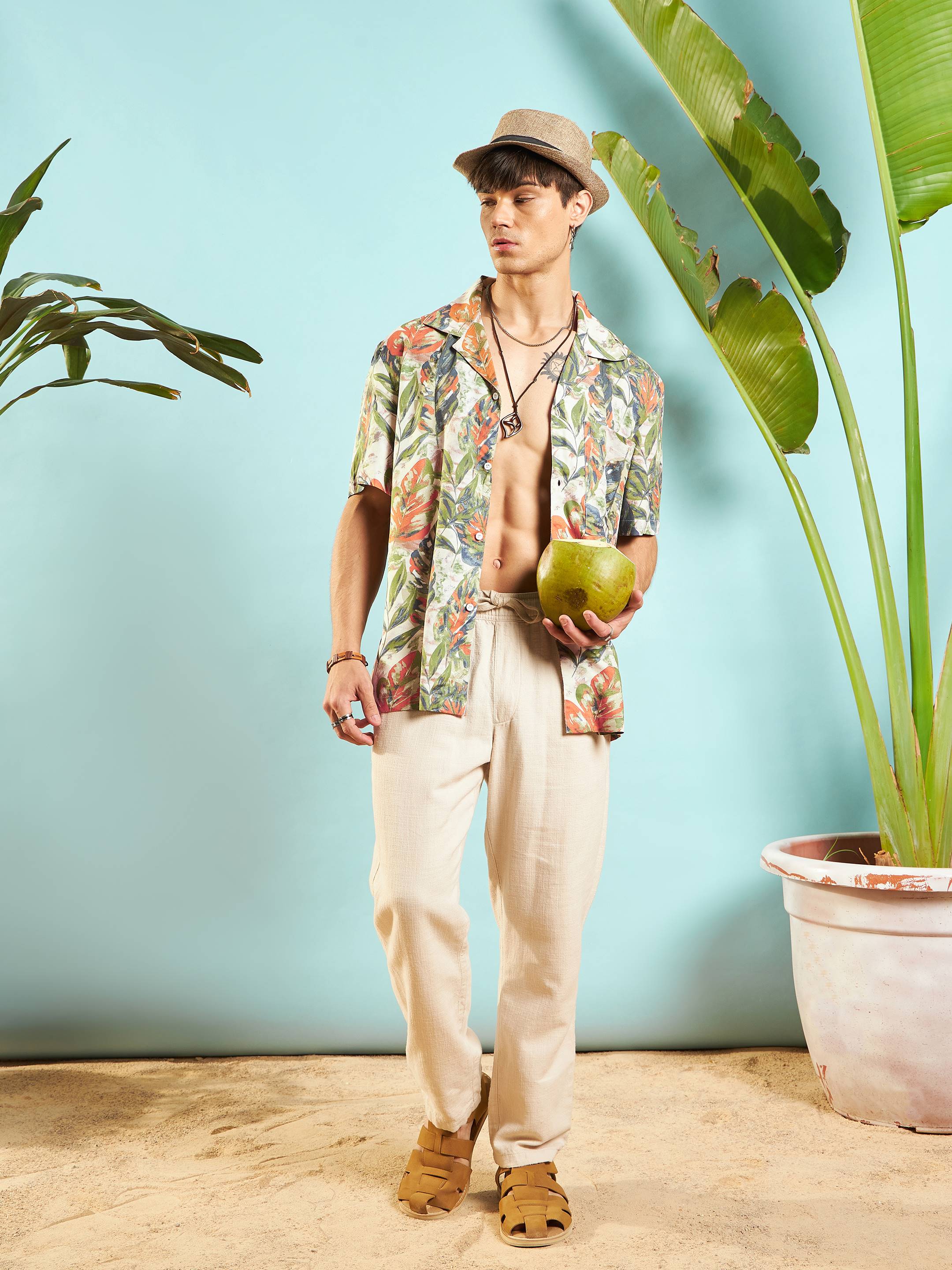 Men Beige Tropical Printed Relax Fit Shirt - Image 6