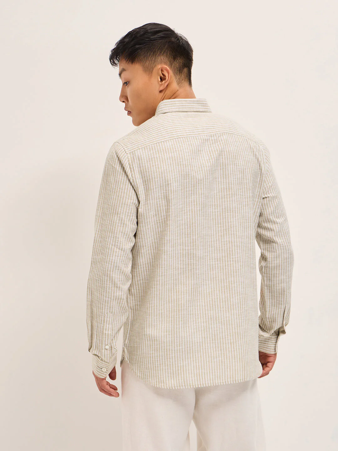 Men Beige Vertical Pin Stripes Slim Fit Casual Shirt - Image 2