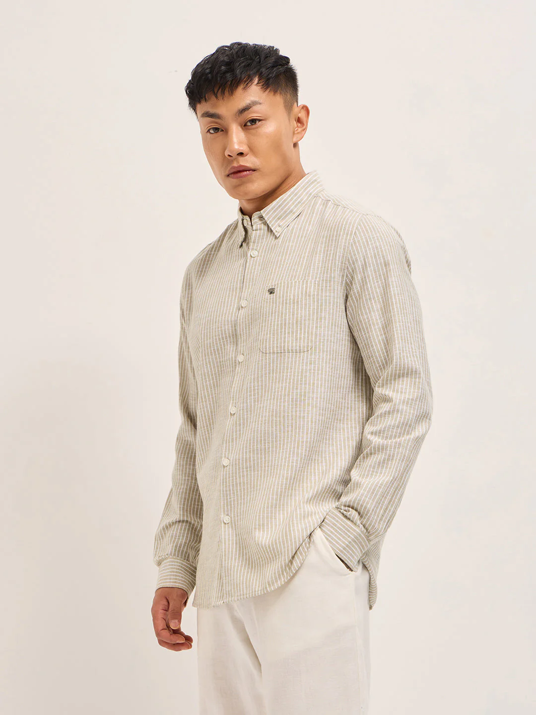 Men Beige Vertical Pin Stripes Slim Fit Casual Shirt - Image 3