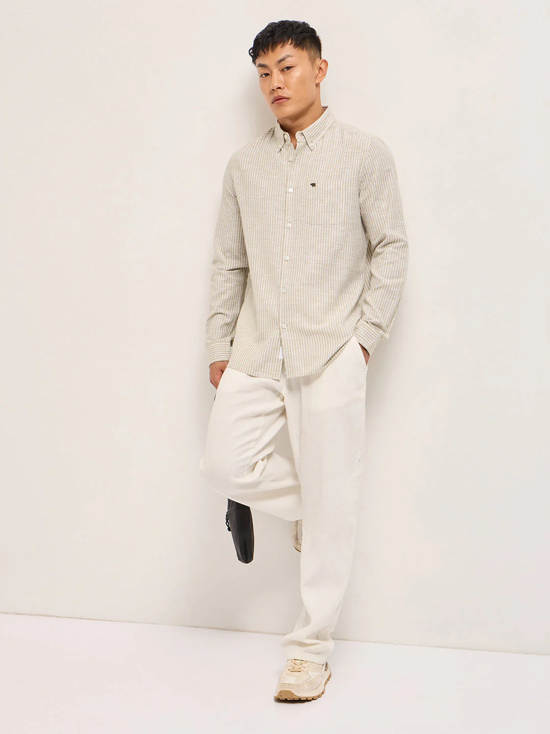 Men Beige Vertical Pin Stripes Slim Fit Casual Shirt - Image 4