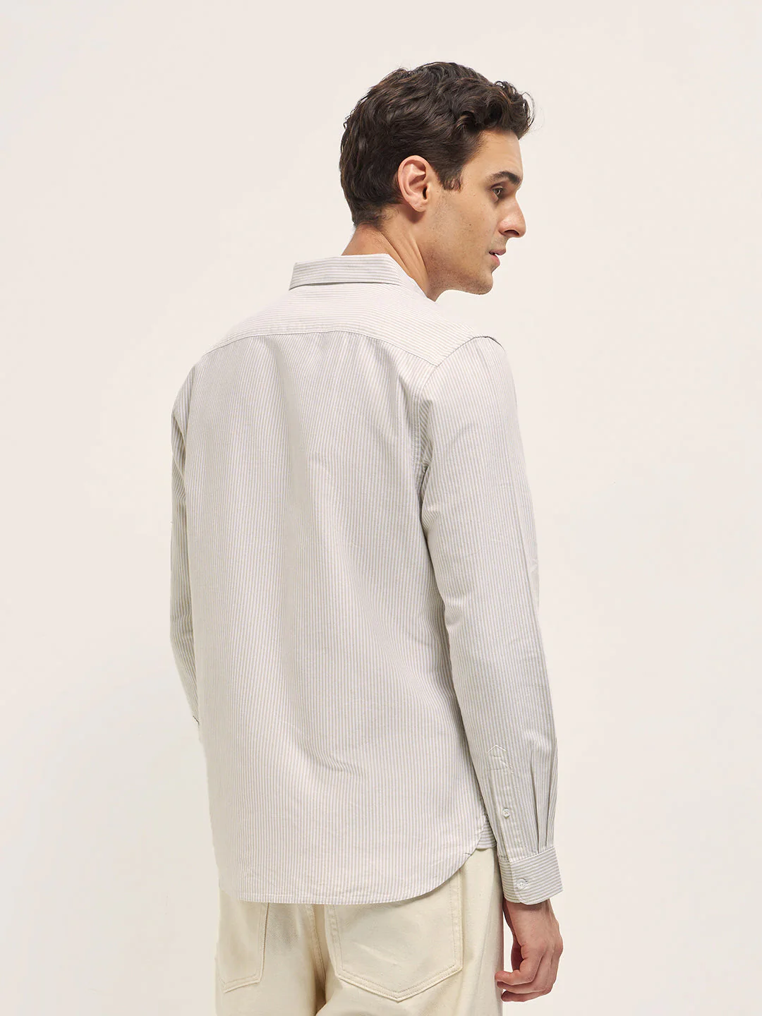 Men Beige Vertical Pin Stripes Slim Fit Casual Shirt - Image 2