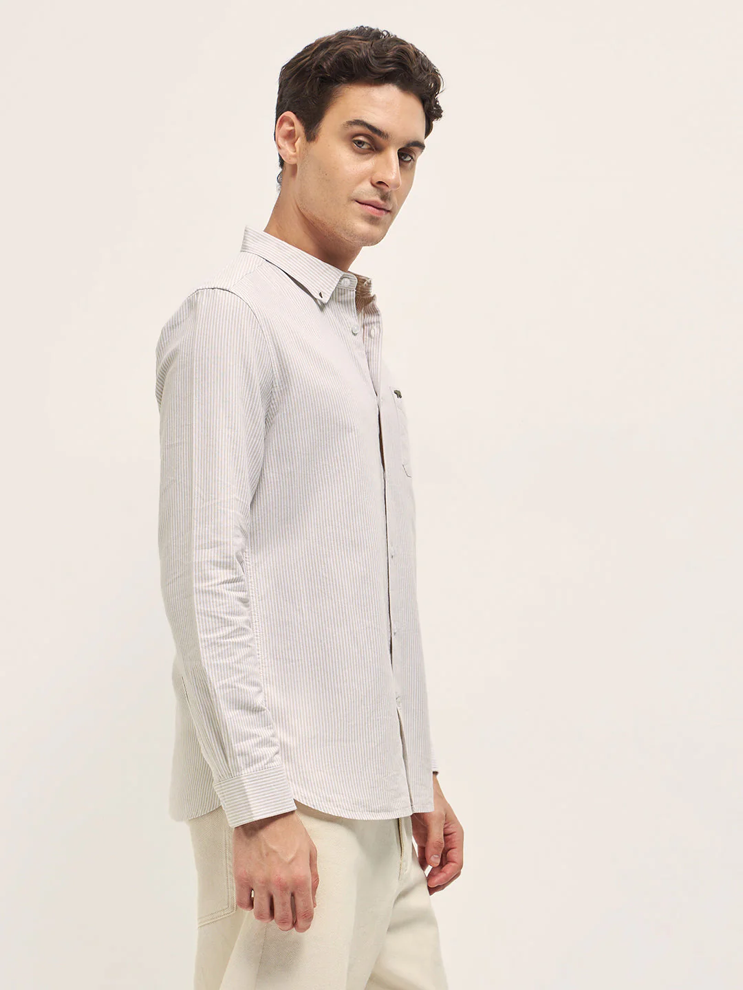 Men Beige Vertical Pin Stripes Slim Fit Casual Shirt - Image 3