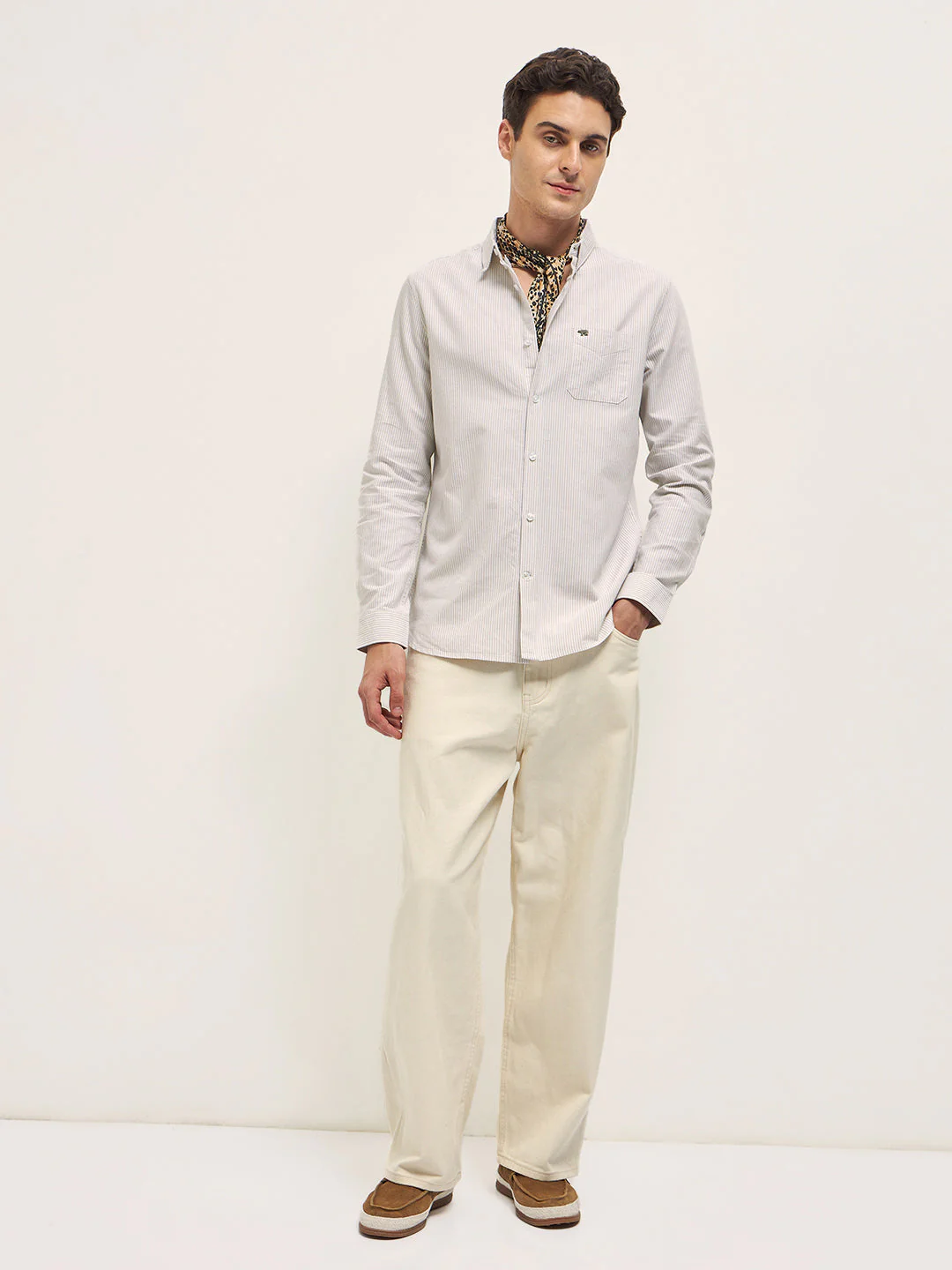Men Beige Vertical Pin Stripes Slim Fit Casual Shirt - Image 4