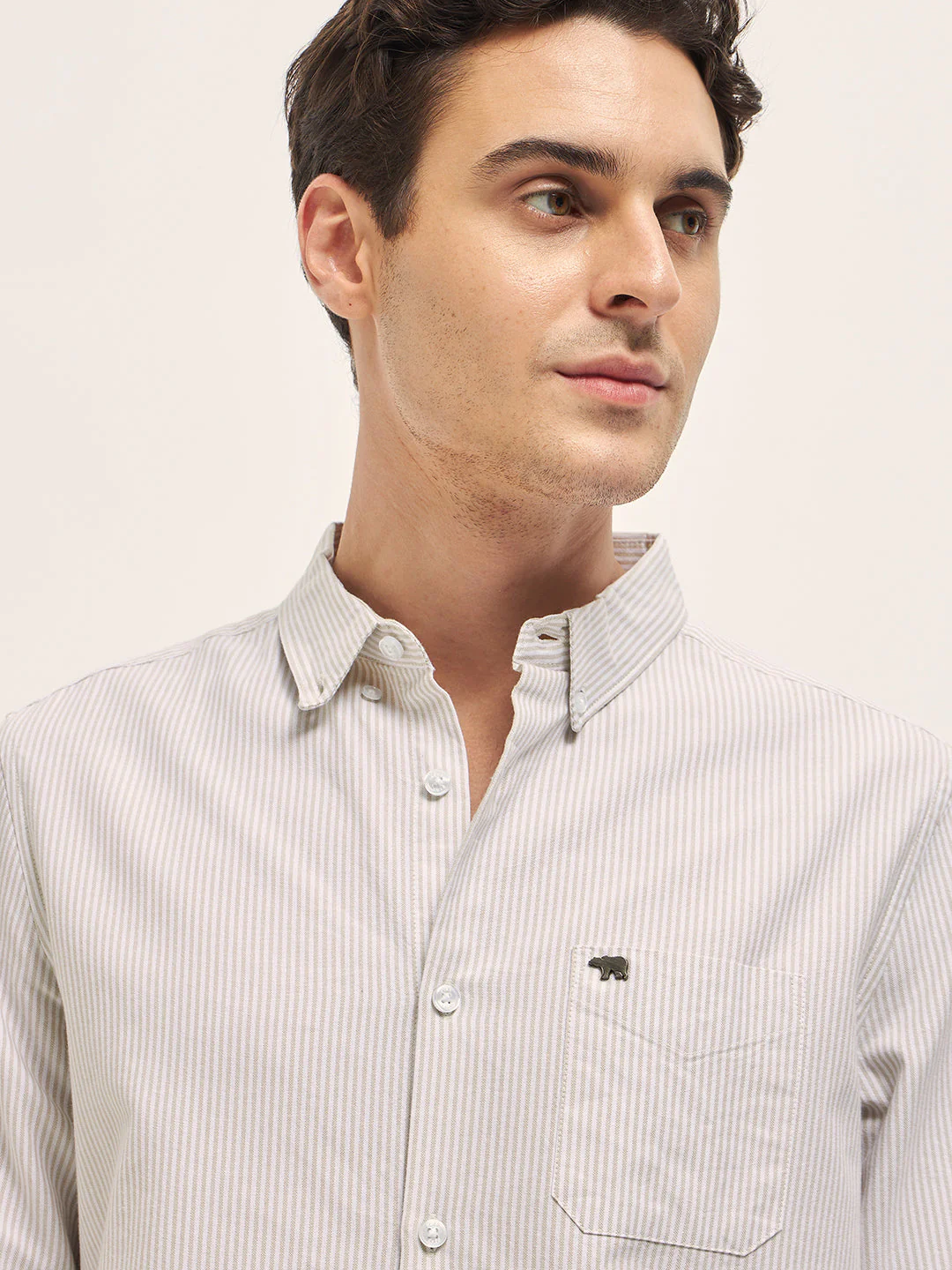 Men Beige Vertical Pin Stripes Slim Fit Casual Shirt - Image 5