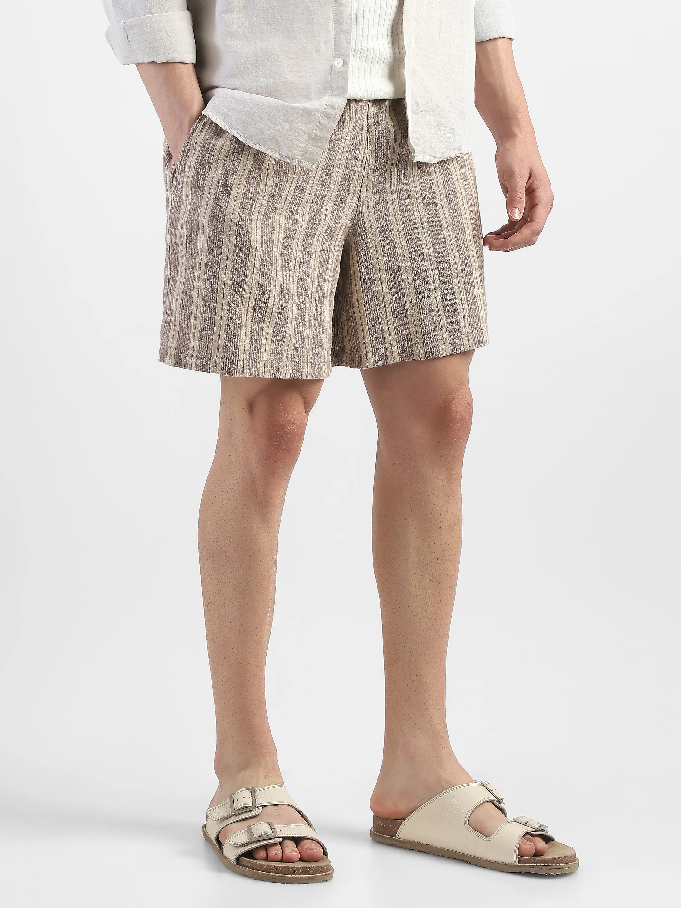 Men Beige Vertical Stripe Shorts