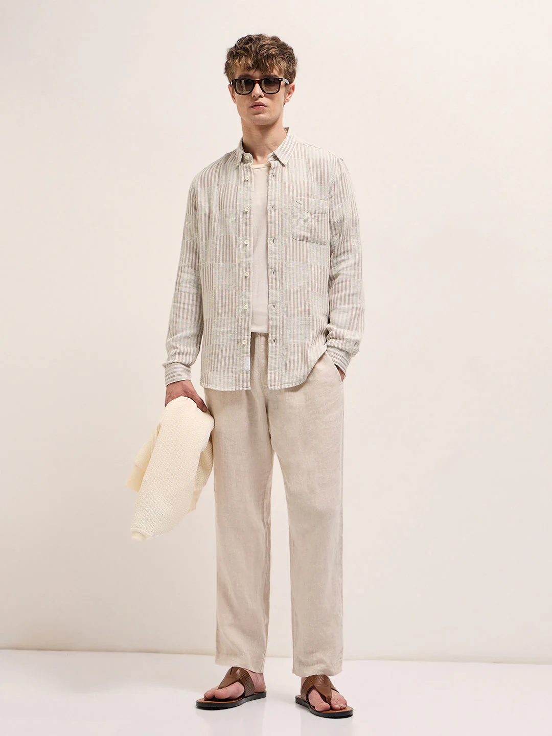 Men Beige Vertical Stripes Slim Fit Casual Shirt - Image 4