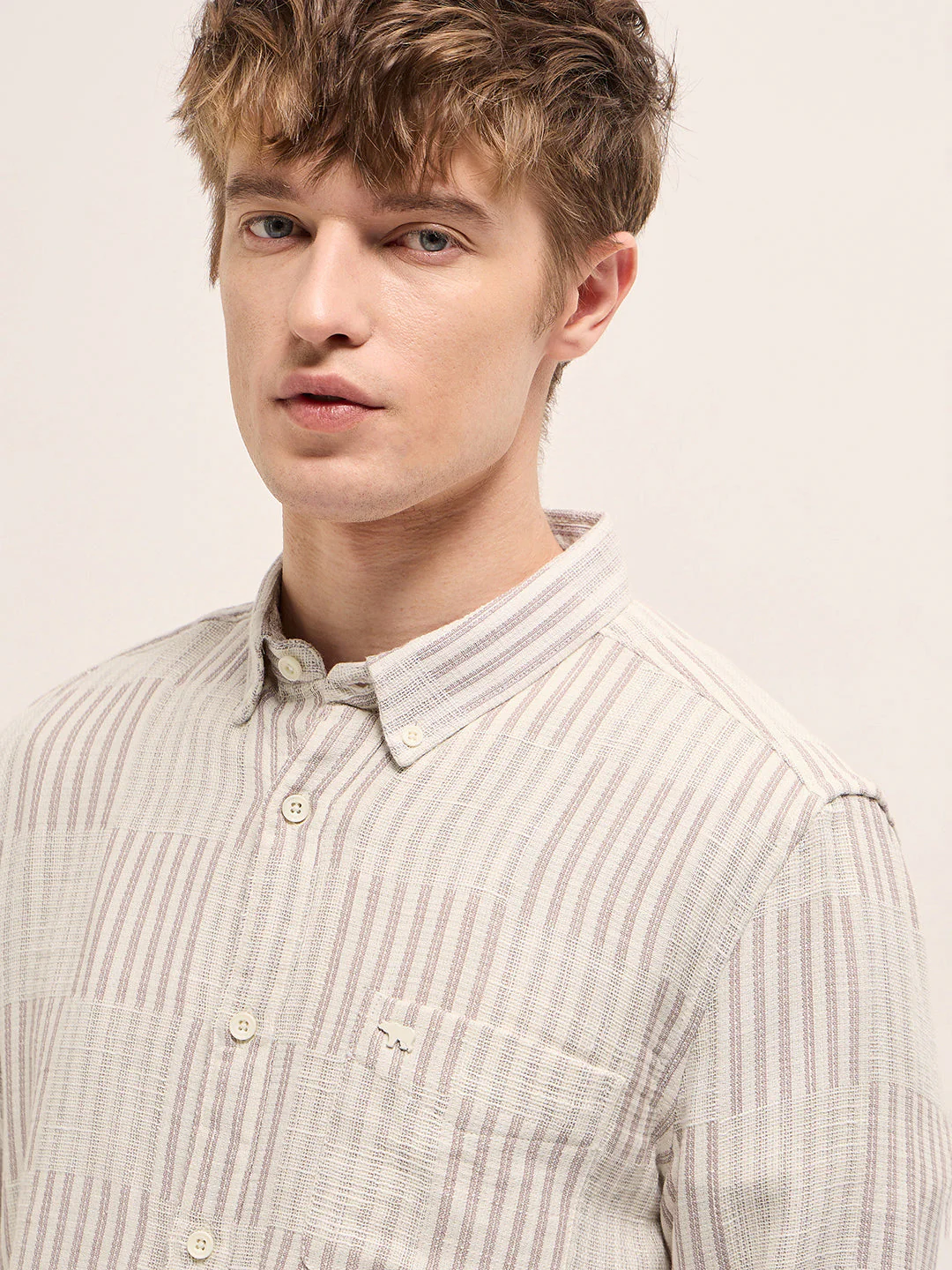Men Beige Vertical Stripes Slim Fit Casual Shirt - Image 5