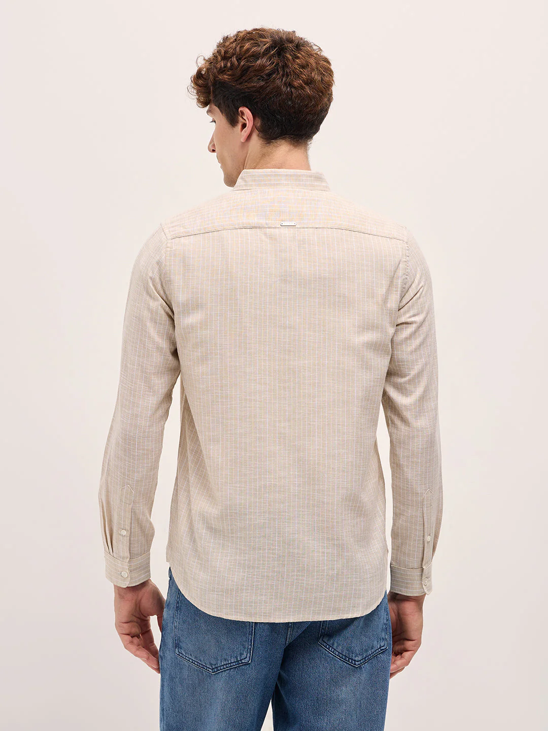 Men Beige Vertical Stripes Slim Fit Casual Shirt - Image 2