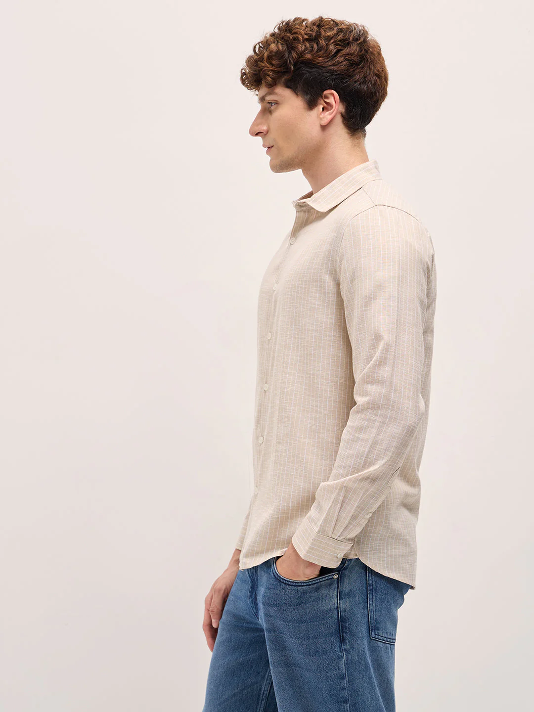 Men Beige Vertical Stripes Slim Fit Casual Shirt - Image 3