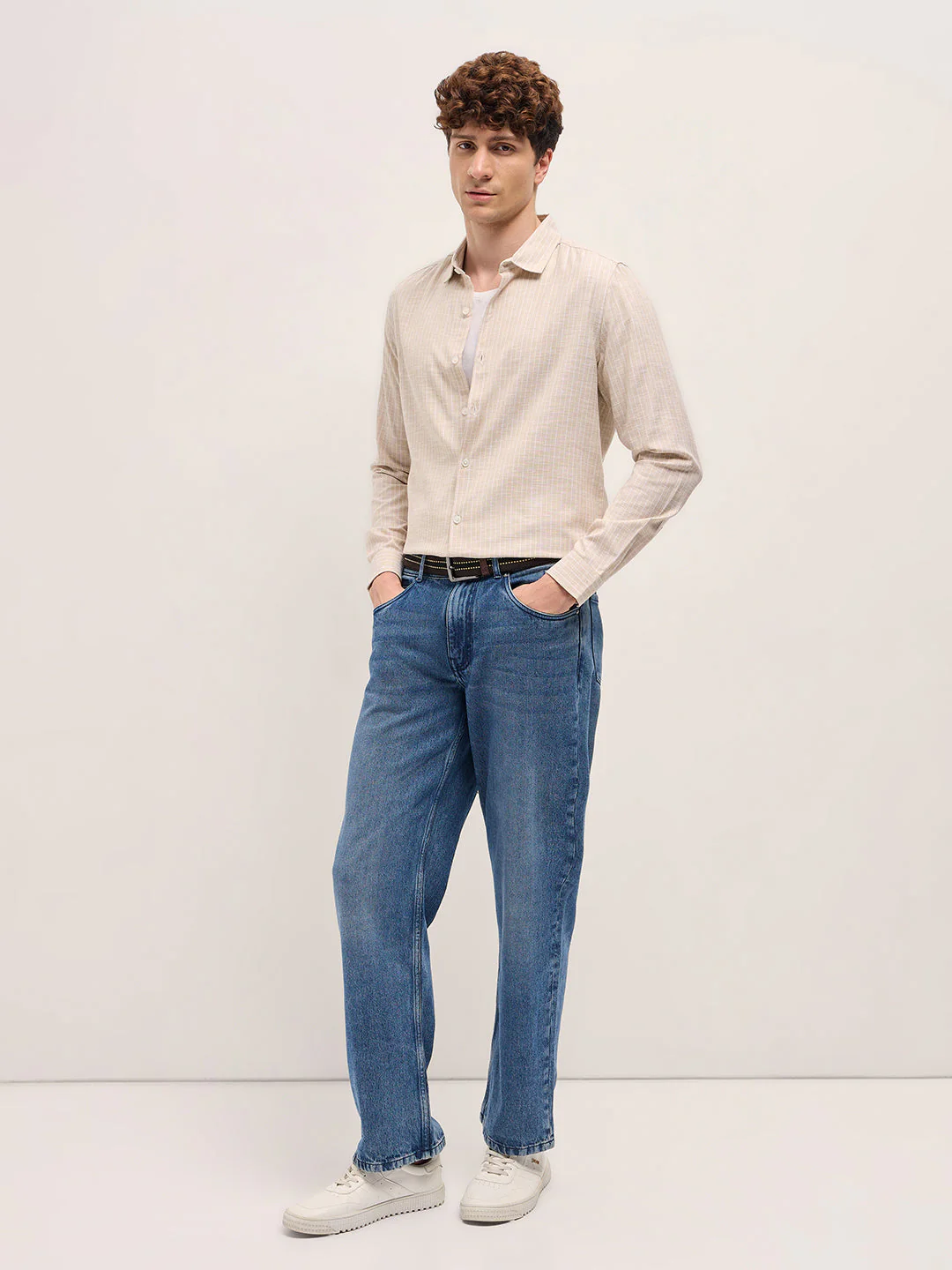 Men Beige Vertical Stripes Slim Fit Casual Shirt - Image 4