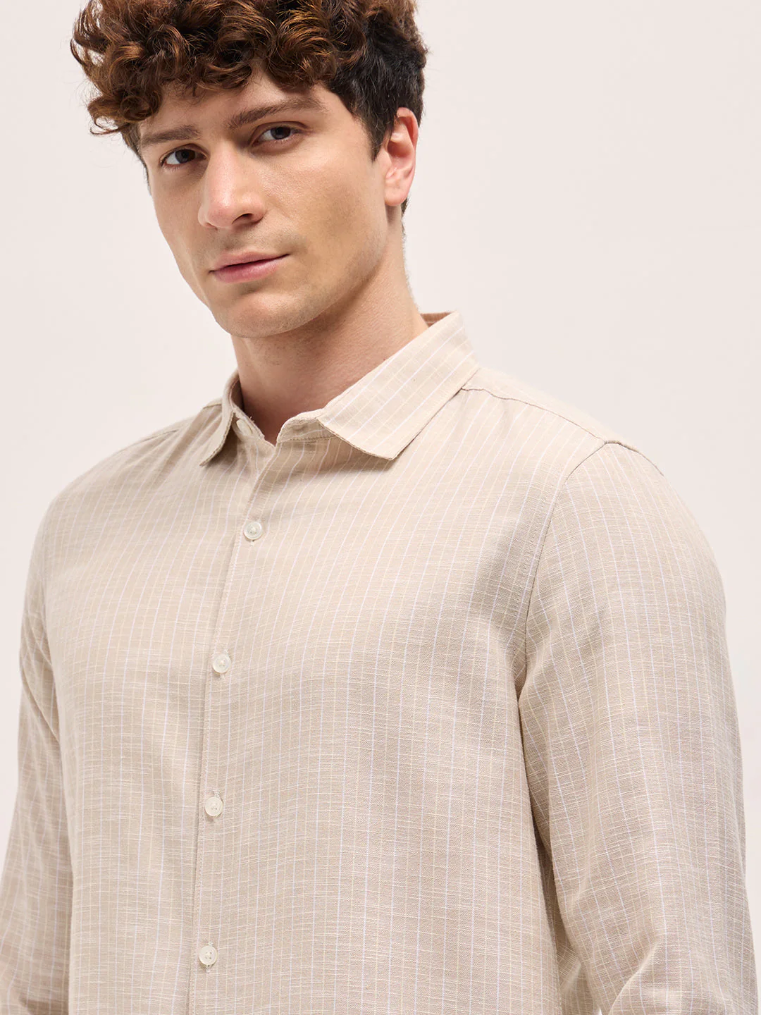 Men Beige Vertical Stripes Slim Fit Casual Shirt - Image 5