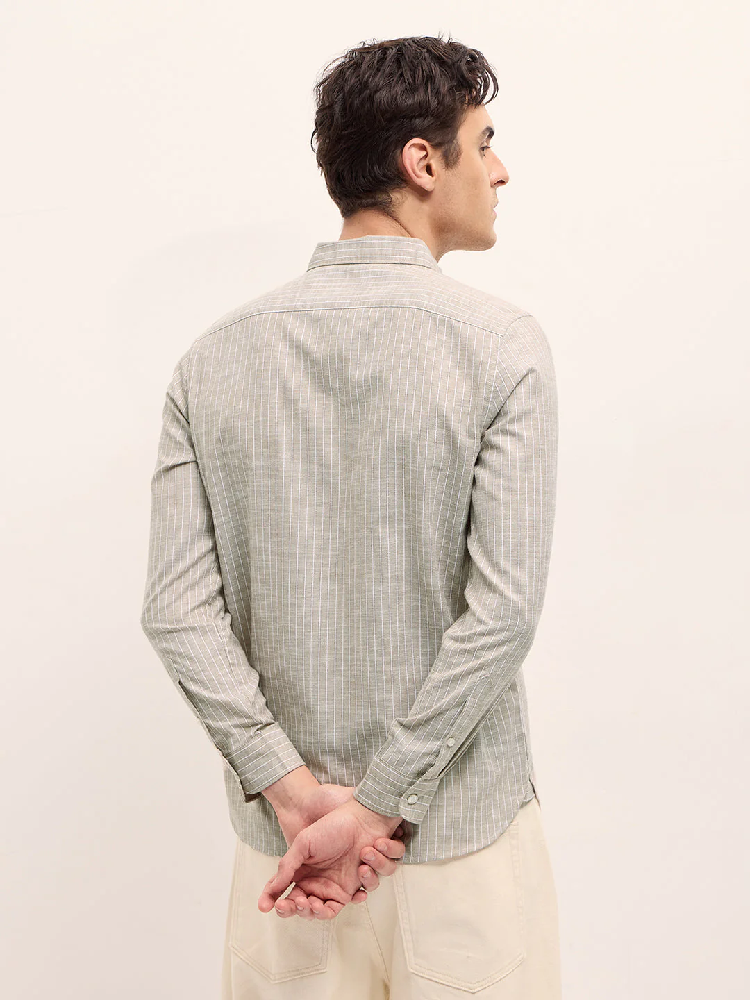Men Beige Vertical Stripes Slim Fit Casual Shirt - Image 2