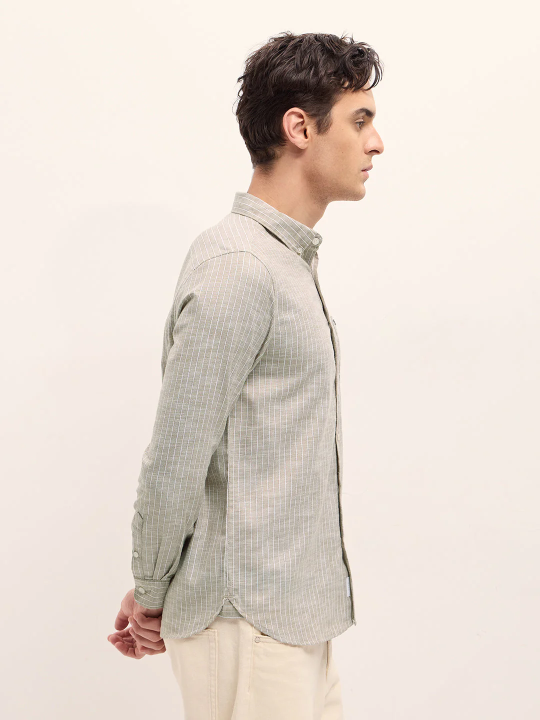 Men Beige Vertical Stripes Slim Fit Casual Shirt - Image 3
