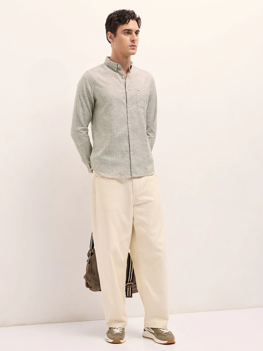 Men Beige Vertical Stripes Slim Fit Casual Shirt - Image 4