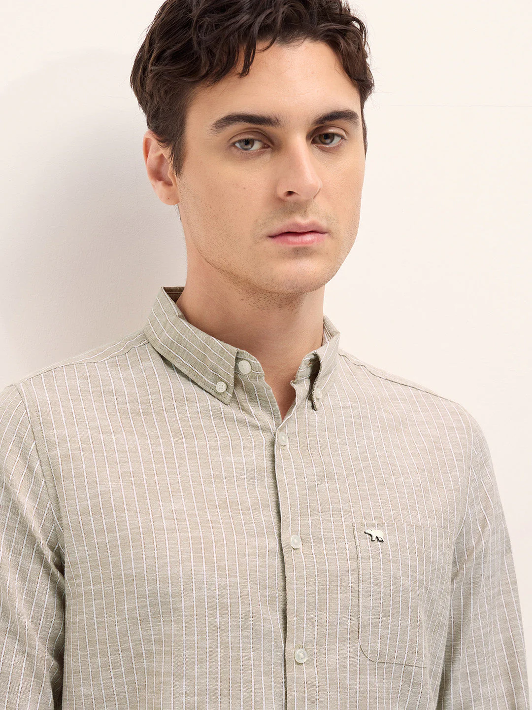 Men Beige Vertical Stripes Slim Fit Casual Shirt - Image 5