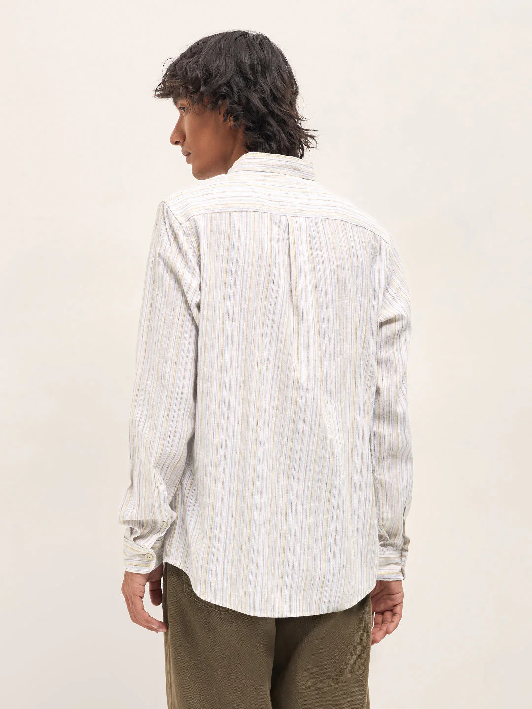 Men Beige Vertical Stripes Slim Fit Casual Shirt - Image 2