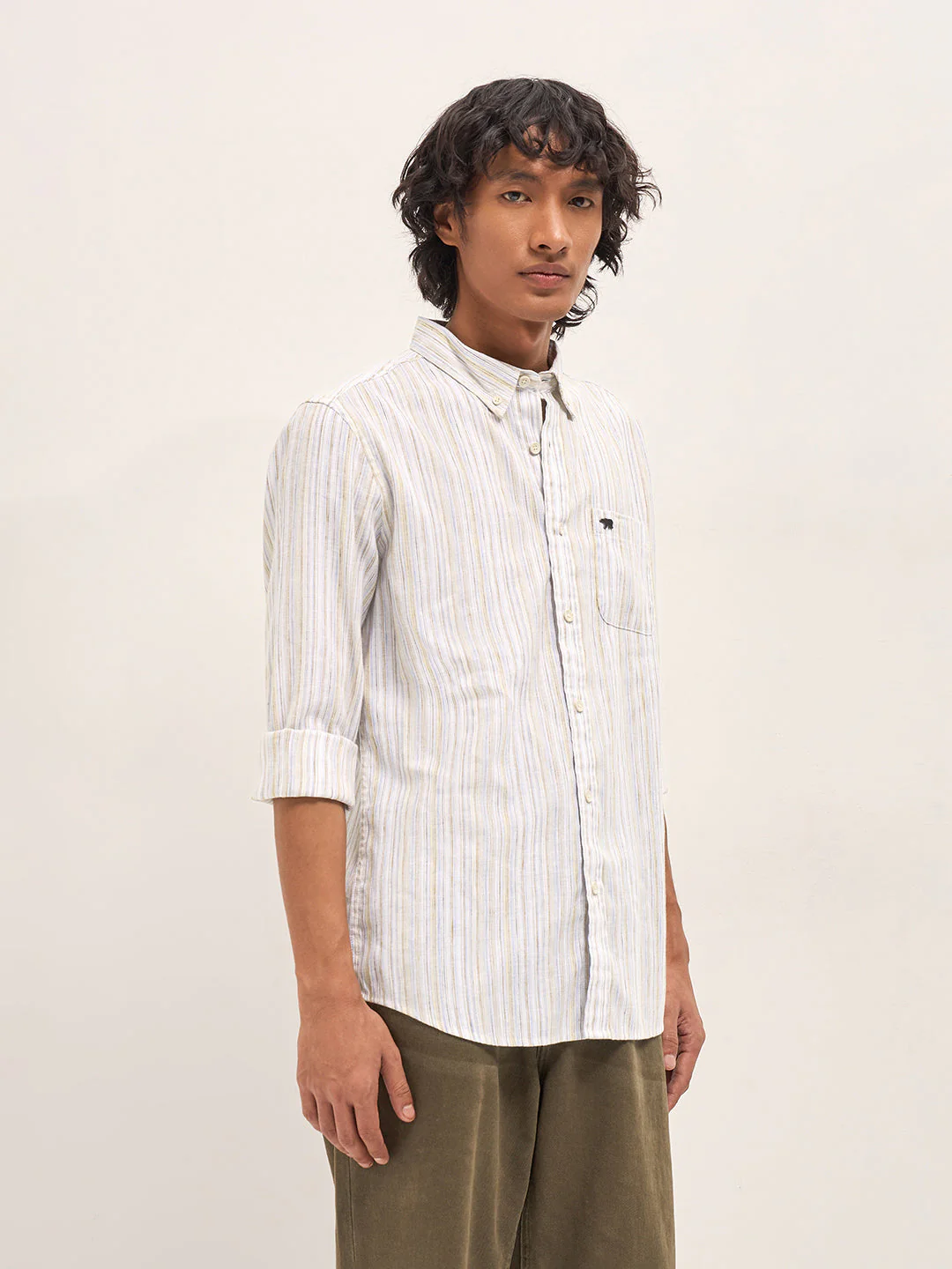Men Beige Vertical Stripes Slim Fit Casual Shirt - Image 3