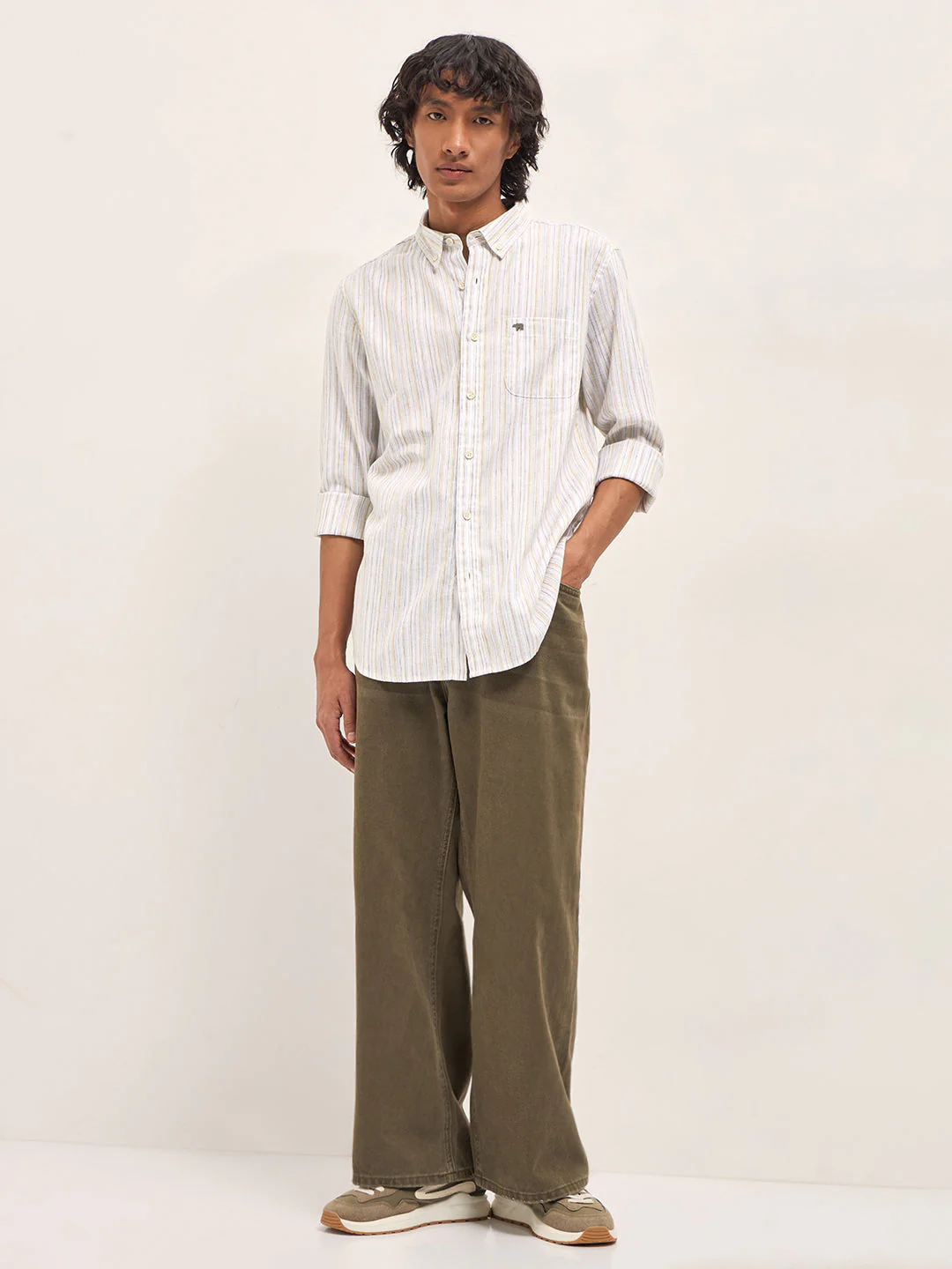 Men Beige Vertical Stripes Slim Fit Casual Shirt - Image 4