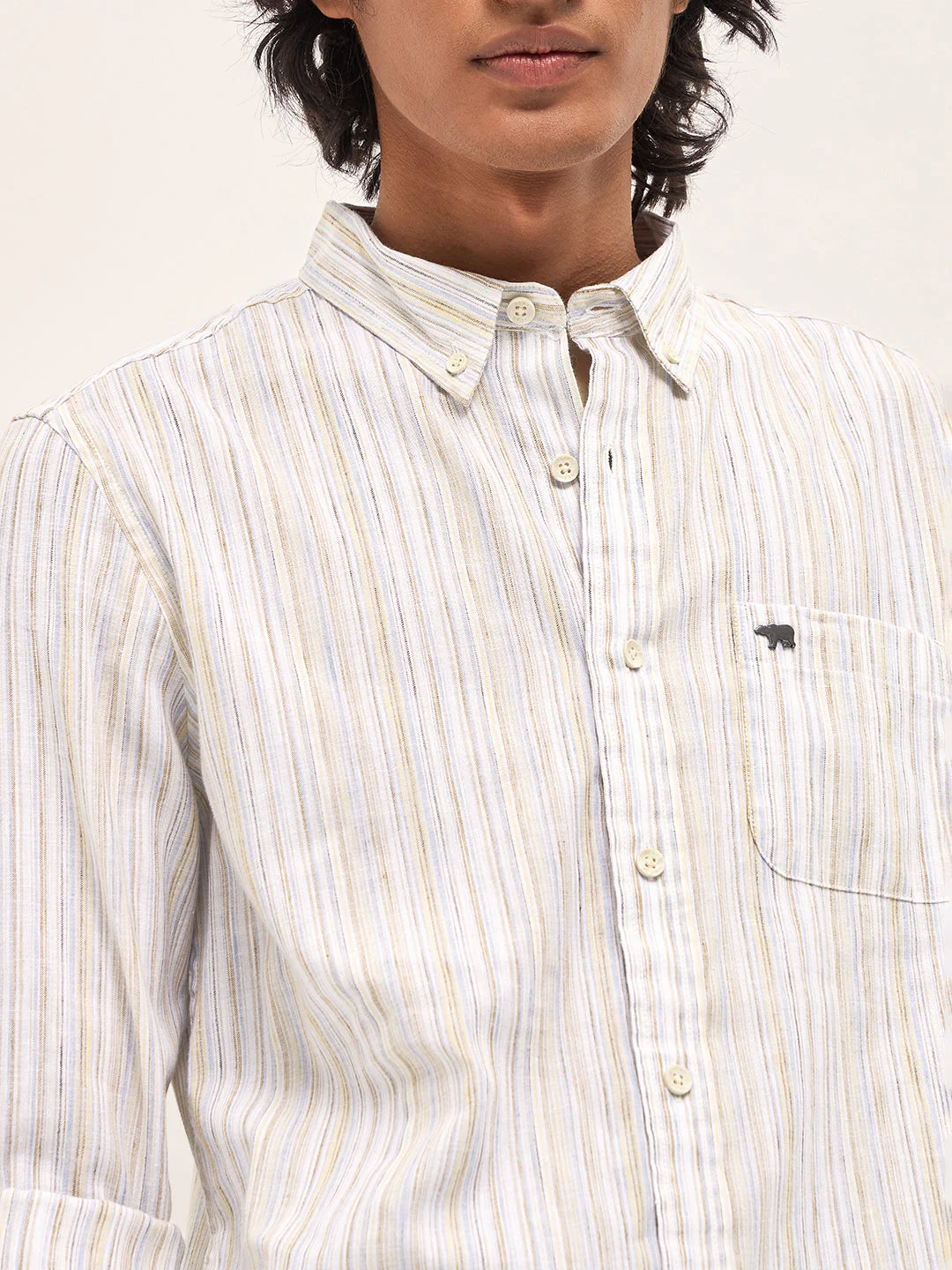 Men Beige Vertical Stripes Slim Fit Casual Shirt - Image 5