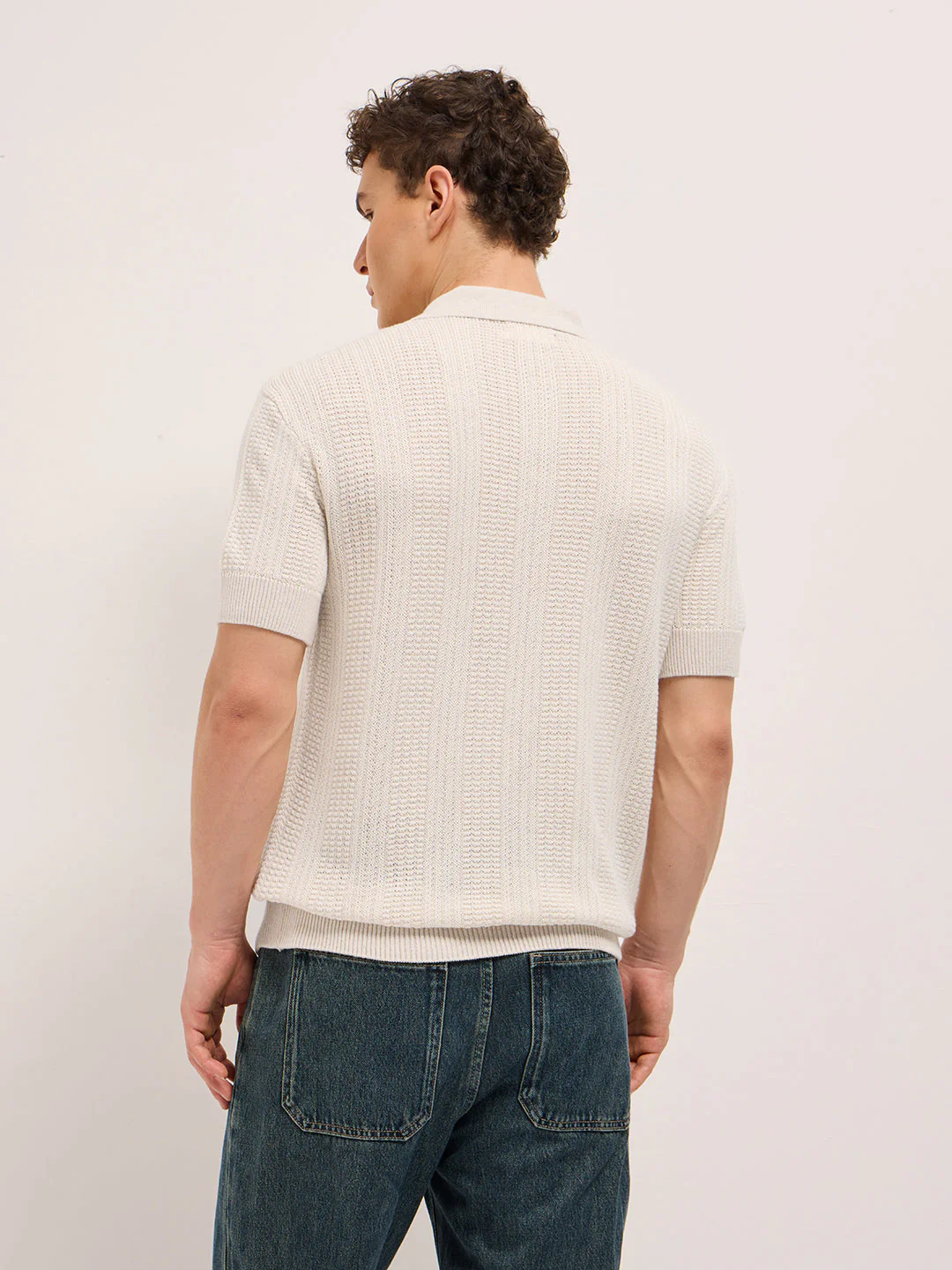 Men Beige Vertical Textured Flat Knit Slim Fit Polo Shirt - Image 2