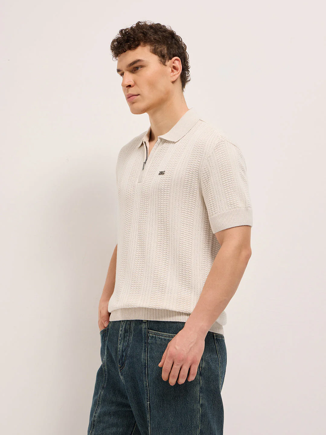 Men Beige Vertical Textured Flat Knit Slim Fit Polo Shirt - Image 3