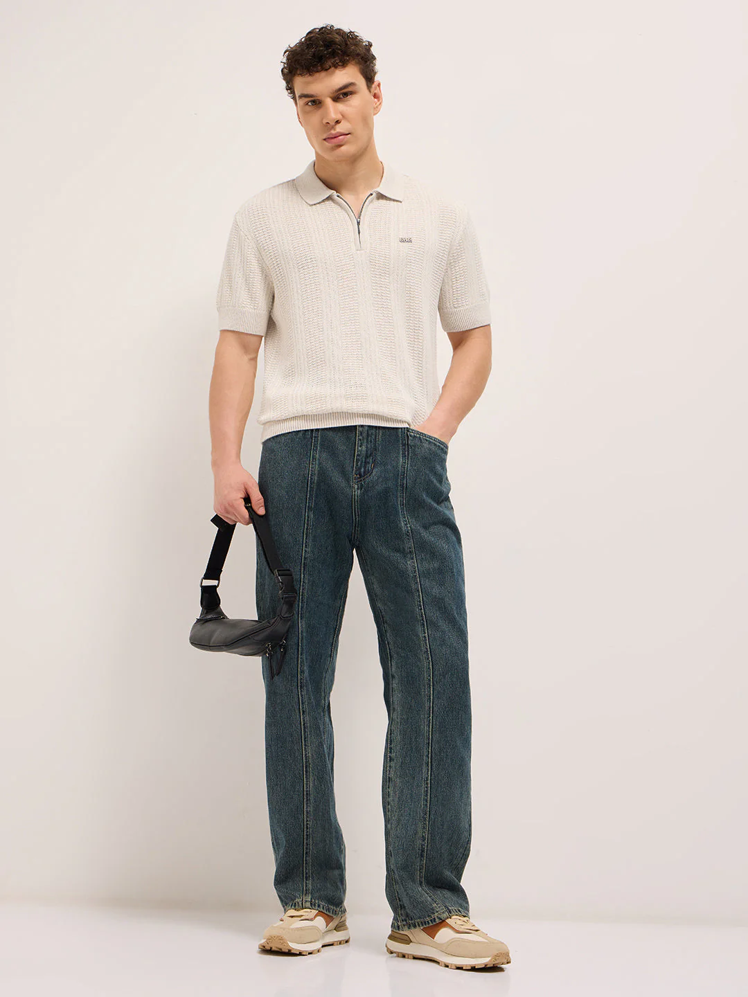 Men Beige Vertical Textured Flat Knit Slim Fit Polo Shirt - Image 4