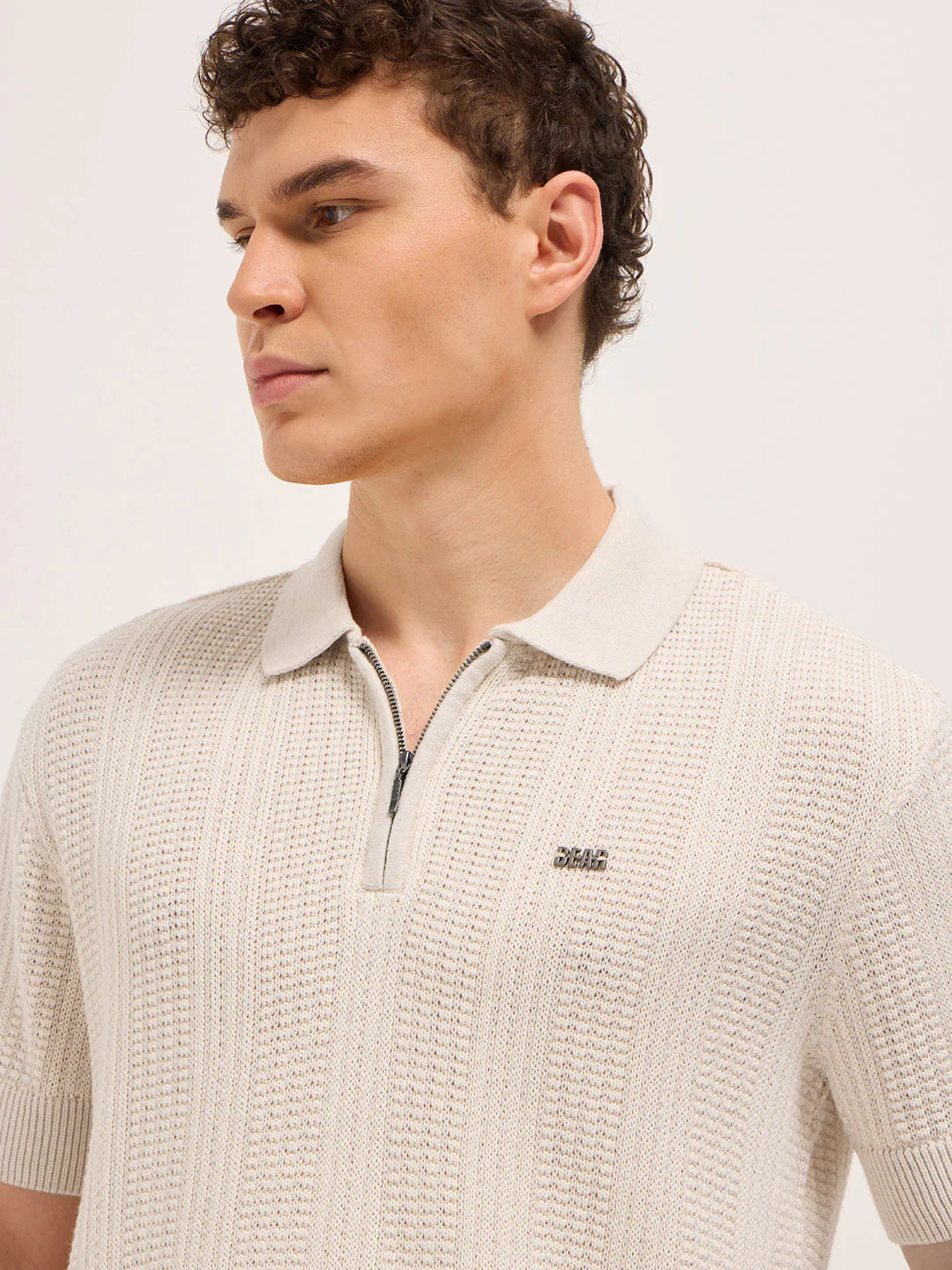 Men Beige Vertical Textured Flat Knit Slim Fit Polo Shirt - Image 5