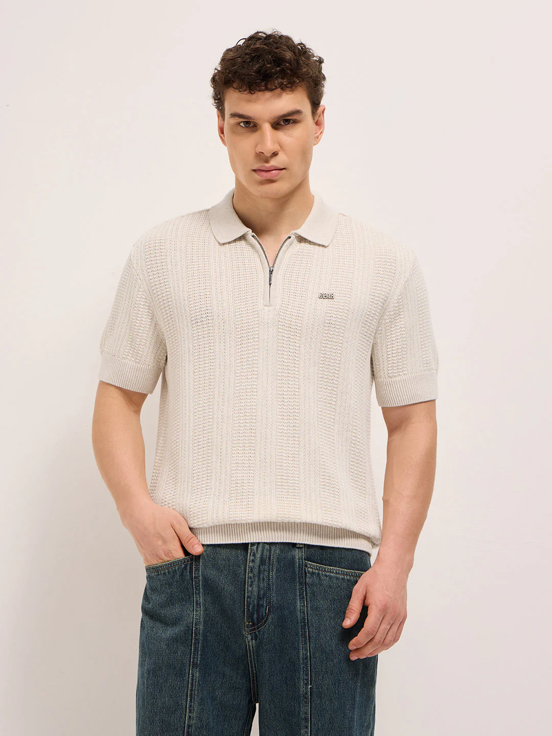Men Beige Vertical Textured Flat Knit Slim Fit Polo Shirt - Image 6