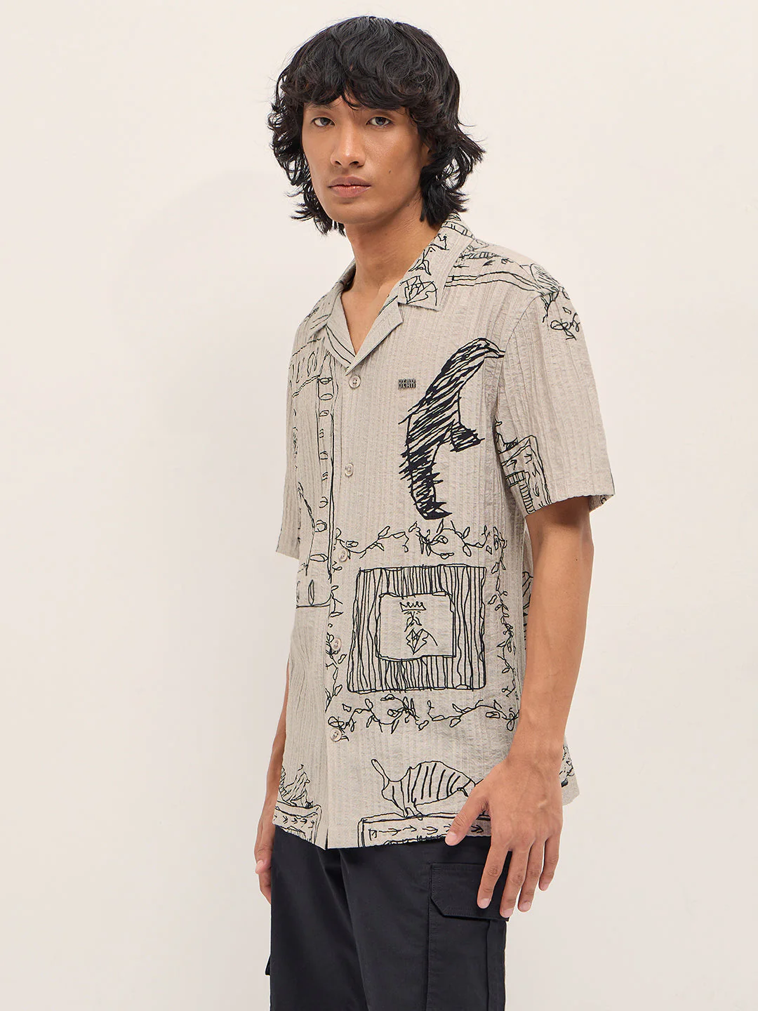 Men Beige Viscose Artistic Abstract Print Relaxed Fit Cuban Collar Shirt - Image 3