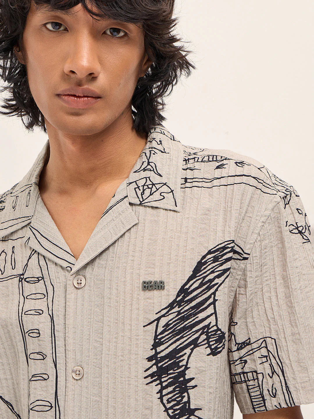Men Beige Viscose Artistic Abstract Print Relaxed Fit Cuban Collar Shirt - Image 5