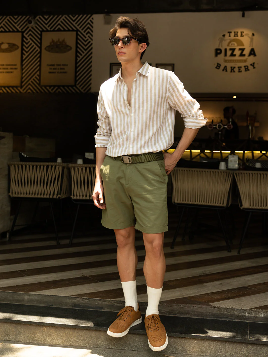 Men Beige Striped Slim Fit Casual Shirt - Image 2