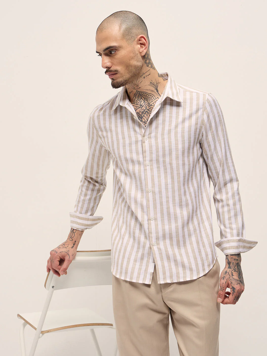 Men Beige Striped Slim Fit Casual Shirt - Image 3