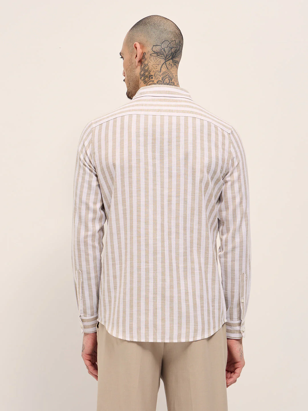 Men Beige Striped Slim Fit Casual Shirt - Image 4