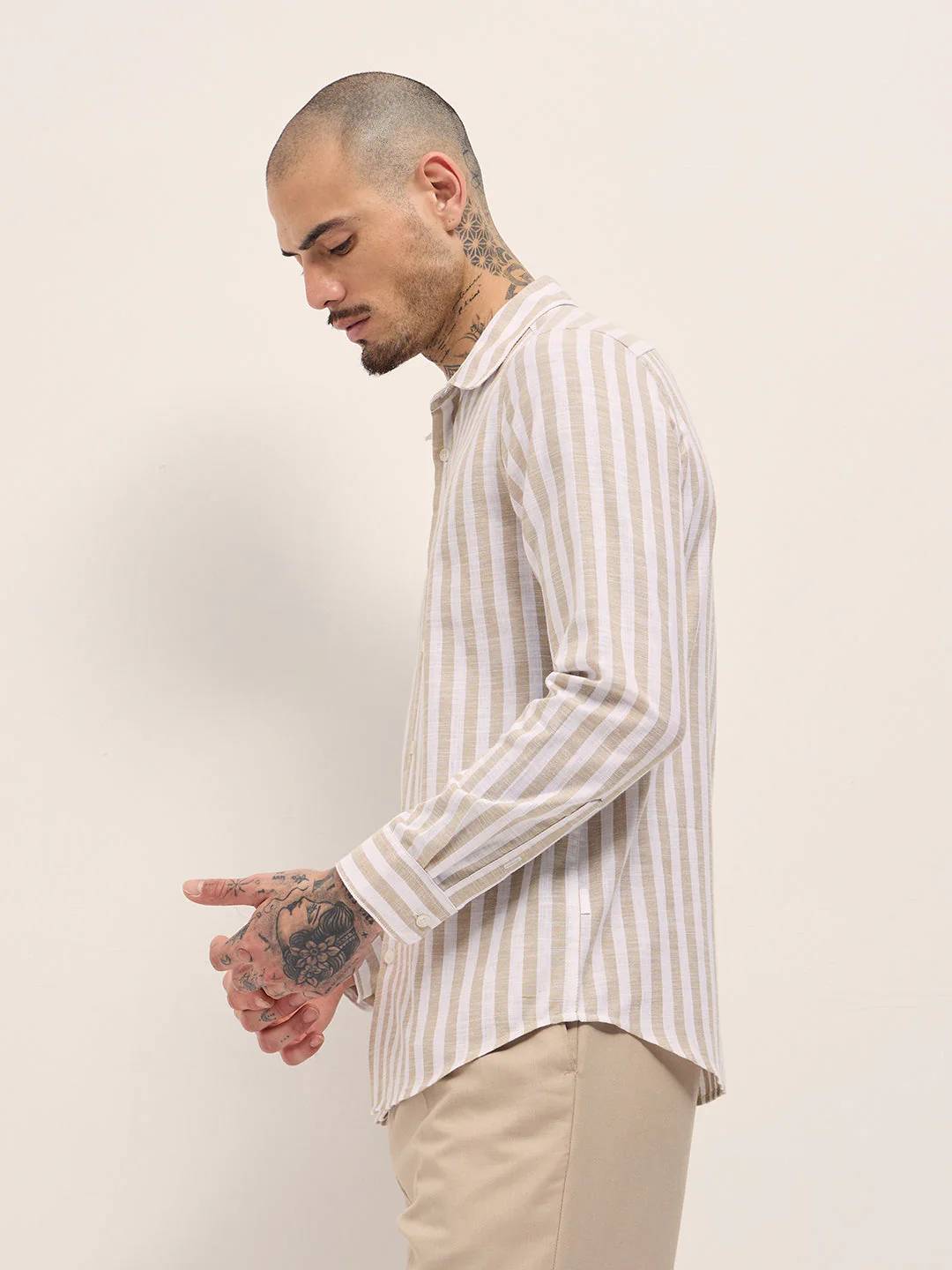 Men Beige Striped Slim Fit Casual Shirt - Image 5