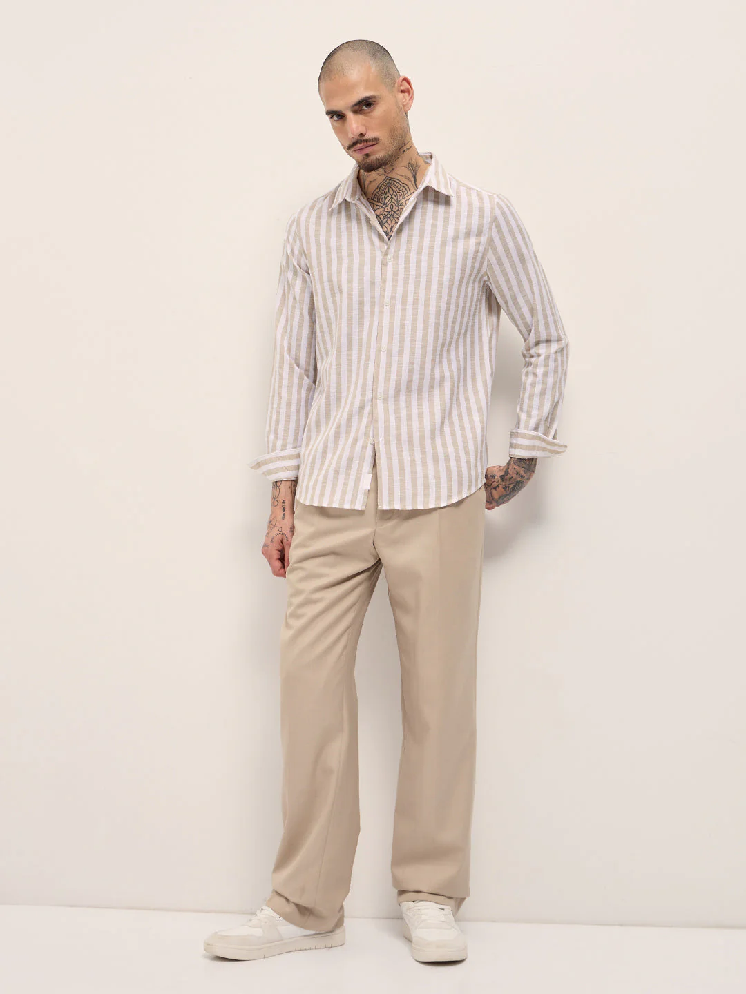 Men Beige Striped Slim Fit Casual Shirt - Image 6
