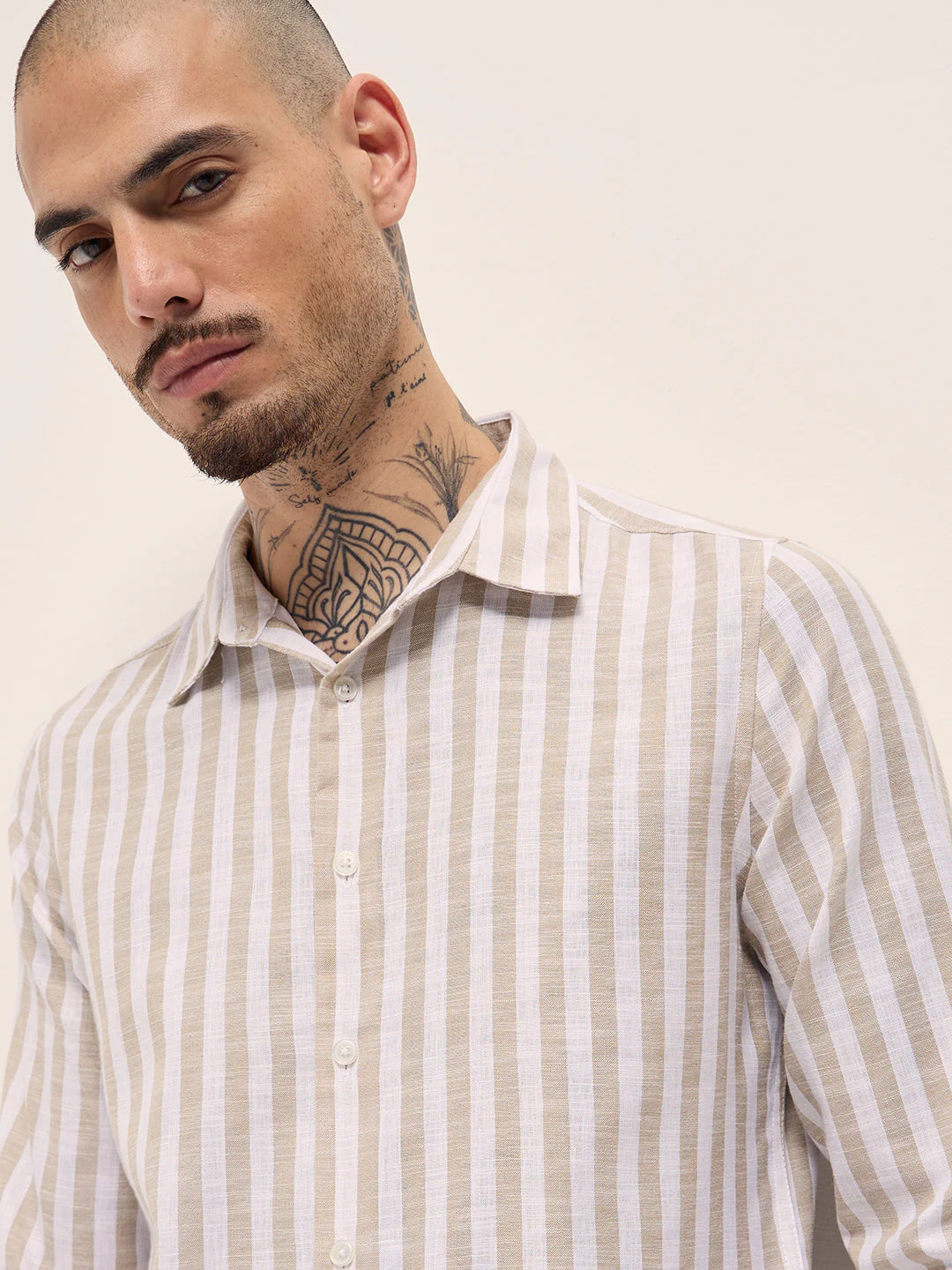 Men Beige Striped Slim Fit Casual Shirt - Image 7